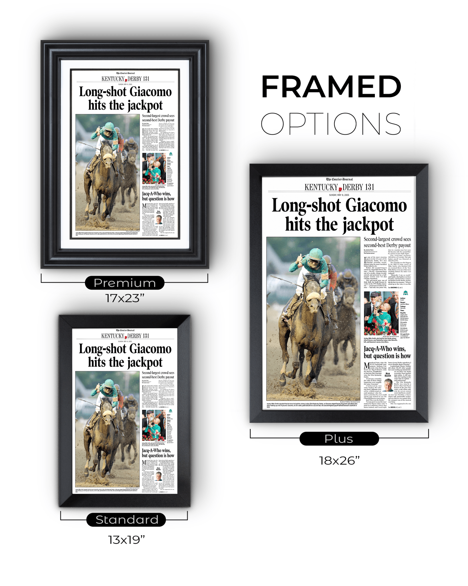 2005 Kentucky Derby “Long - Shot Giacomo Hits the Jackpot” Winner Framed Front Page Newspaper - TitleGameFrames.com