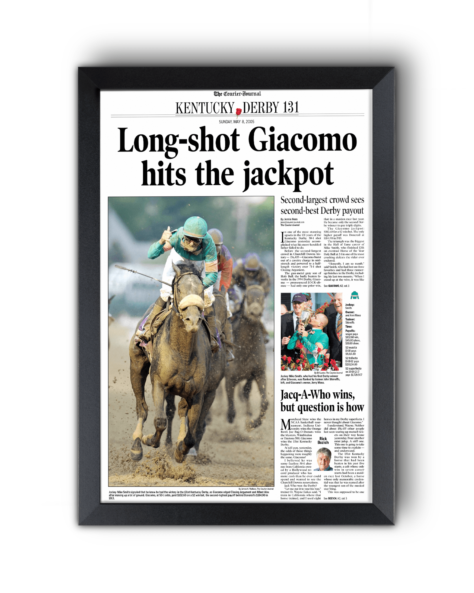 2005 Kentucky Derby “Long - Shot Giacomo Hits the Jackpot” Winner Framed Front Page Newspaper - TitleGameFrames.com