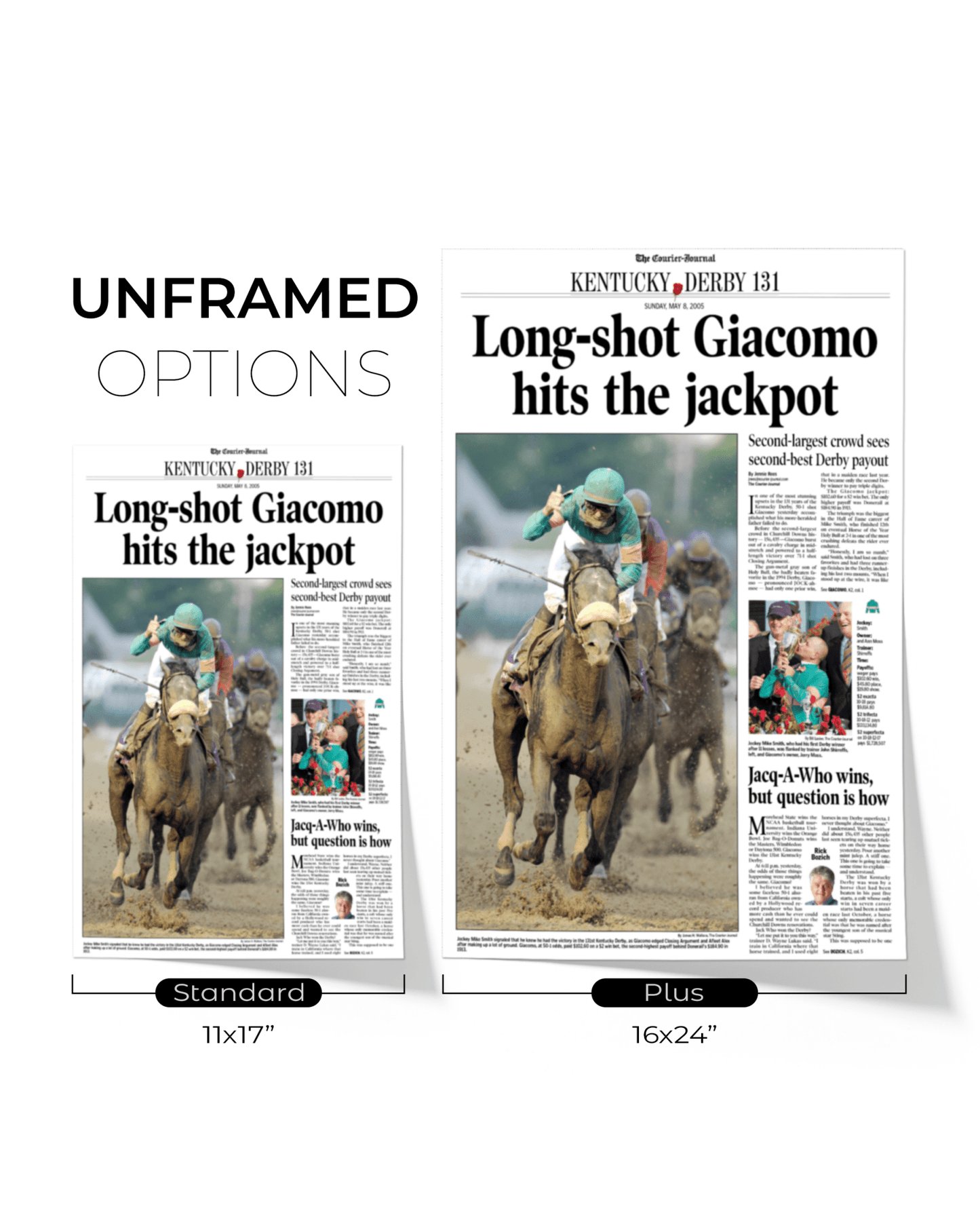 2005 Kentucky Derby “Long - Shot Giacomo Hits the Jackpot” Winner Framed Front Page Newspaper - TitleGameFrames.com