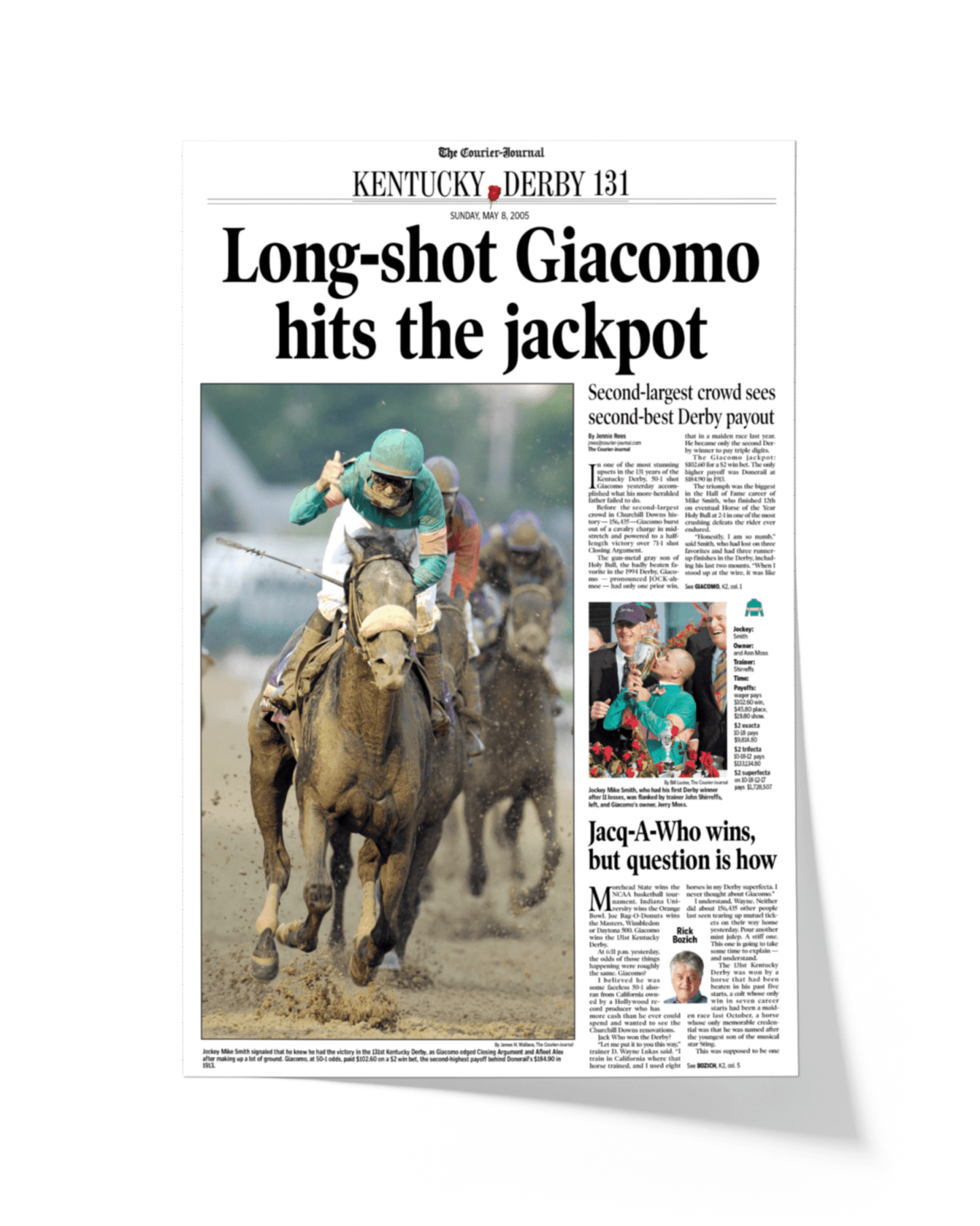 2005 Kentucky Derby “Long - Shot Giacomo Hits the Jackpot” Winner Framed Front Page Newspaper - TitleGameFrames.com