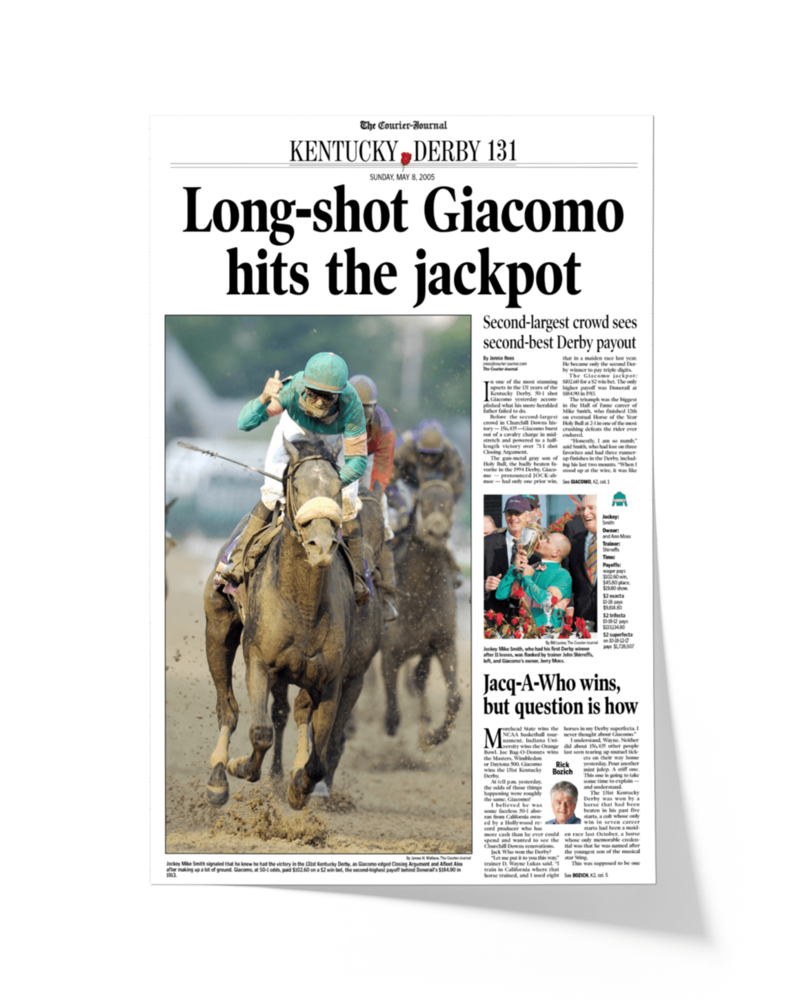 2005 Kentucky Derby “Long - Shot Giacomo Hits the Jackpot” Winner Framed Front Page Newspaper - TitleGameFrames.com