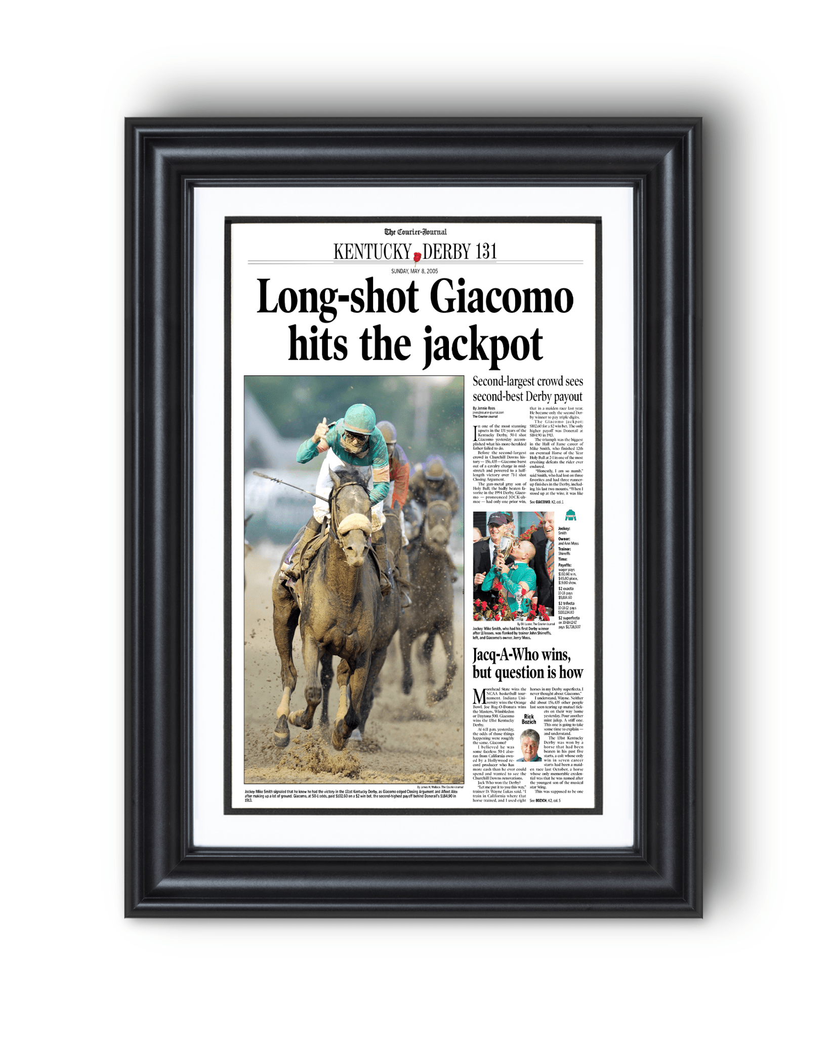 2005 Kentucky Derby “Long - Shot Giacomo Hits the Jackpot” Winner Framed Front Page Newspaper - TitleGameFrames.com