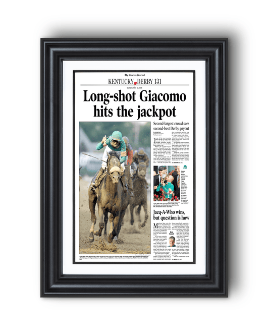 2005 Kentucky Derby “Long - Shot Giacomo Hits the Jackpot” Winner Framed Front Page Newspaper - TitleGameFrames.com