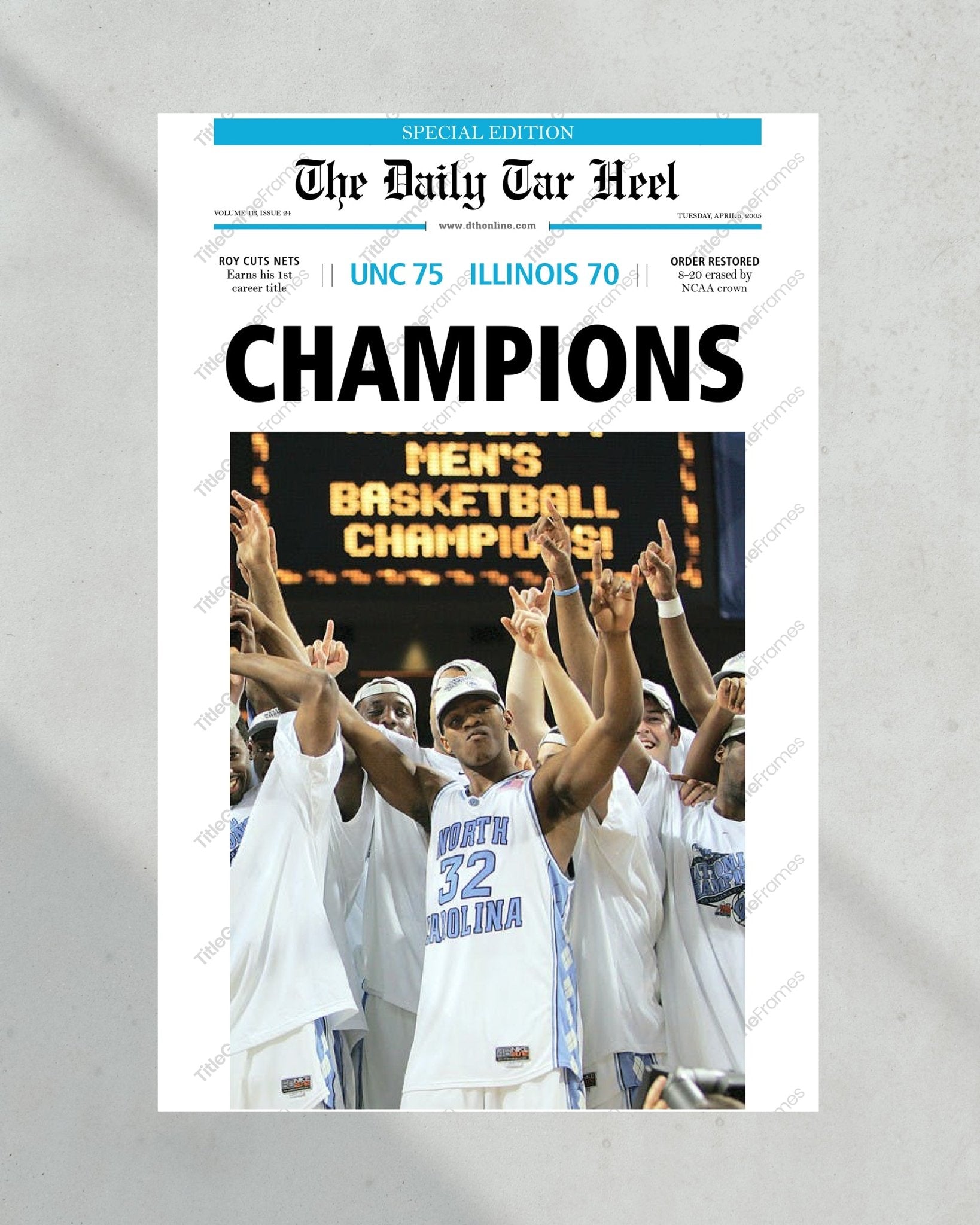 2005 North Carolina Tar Heels NCAA College Basketball Champions Framed Front Page Newspaper Print - TitleGameFrames.com