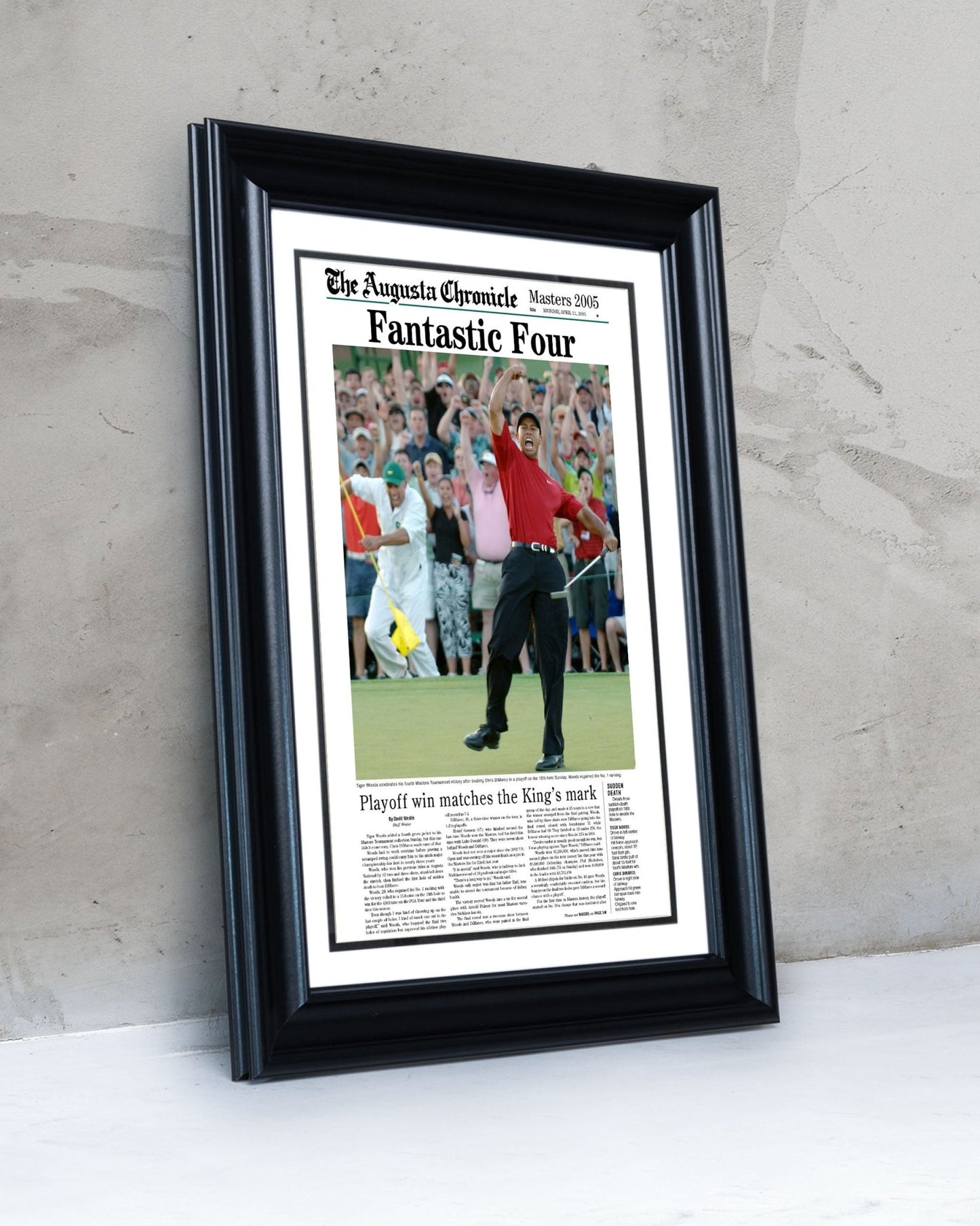 2005 Tiger Woods Masters Champion 'Fantastic Four' Framed Newspaper - TitleGameFrames.com