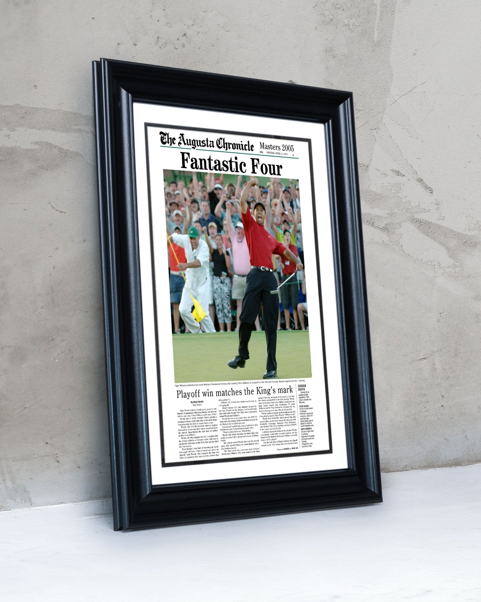 2005 Tiger Woods Masters Champion 'Fantastic Four' Framed Newspaper - TitleGameFrames.com
