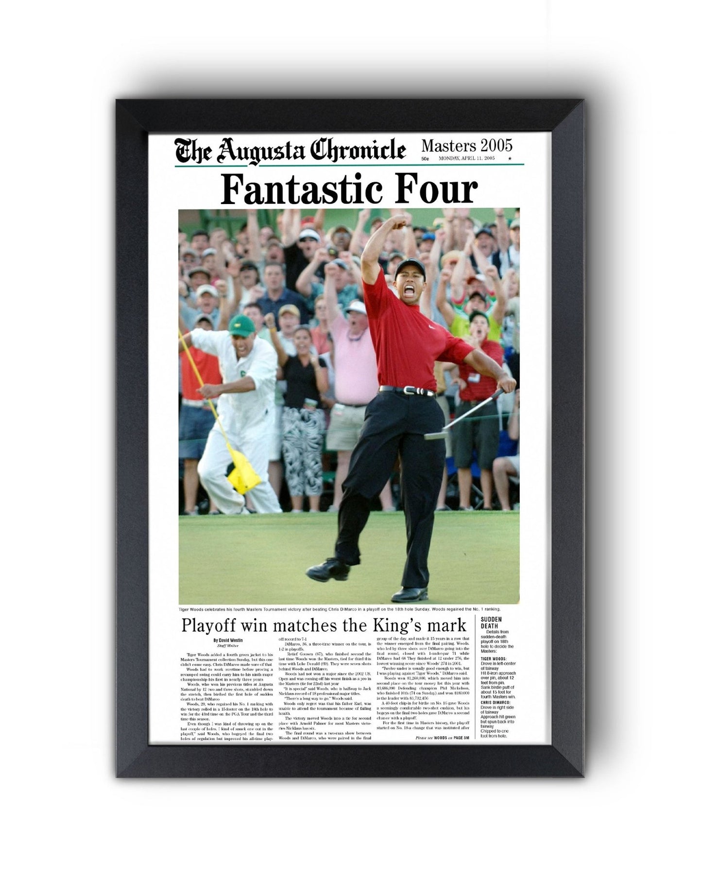 2005 Tiger Woods Masters Champion 'Fantastic Four' Framed Newspaper - TitleGameFrames.com