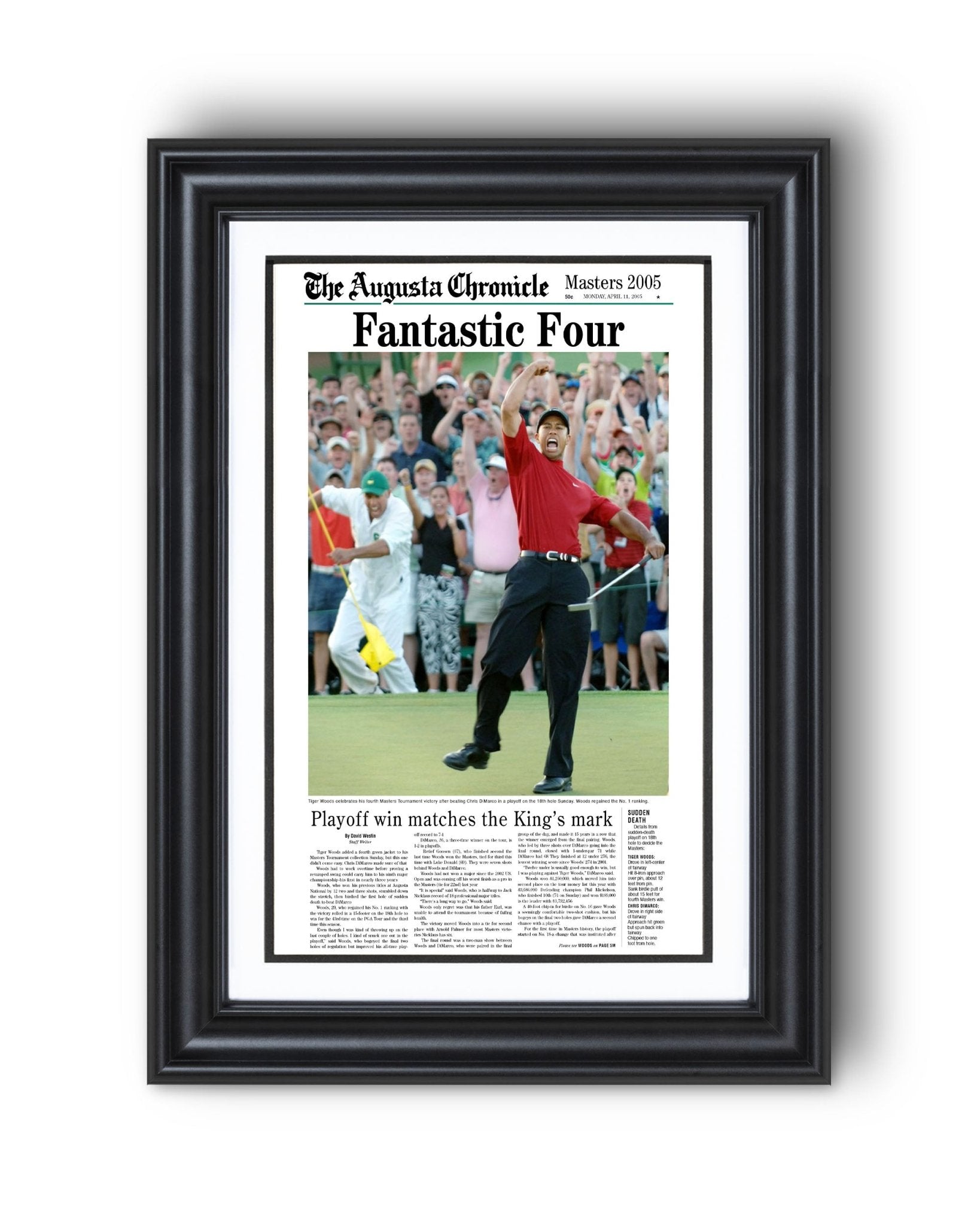 2005 Tiger Woods Masters Champion 'Fantastic Four' Framed Newspaper - TitleGameFrames.com