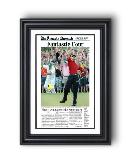 2005 Tiger Woods Masters Champion 'Fantastic Four' Framed Newspaper - TitleGameFrames.com