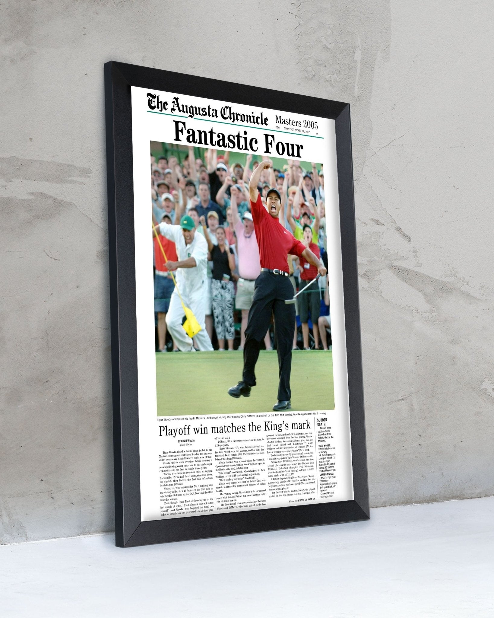 2005 Tiger Woods Masters Champion 'Fantastic Four' Framed Newspaper - TitleGameFrames.com