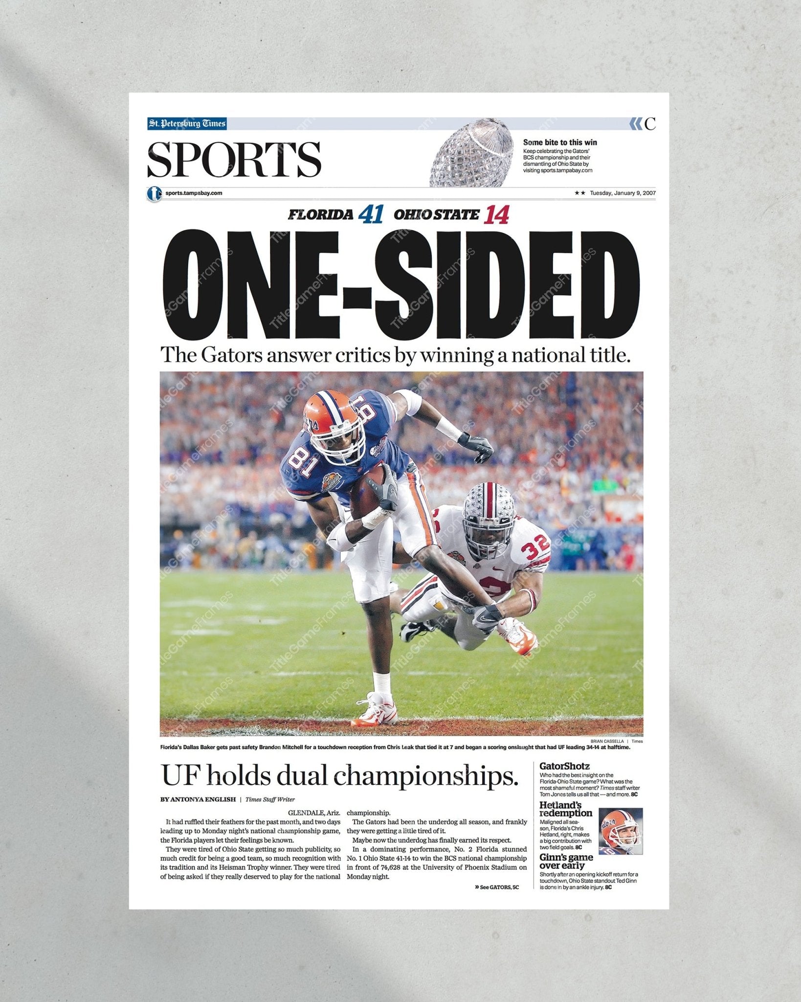 2006 Florida Gators College Football Champions 'One Sided' Framed Newspaper - TitleGameFrames.com