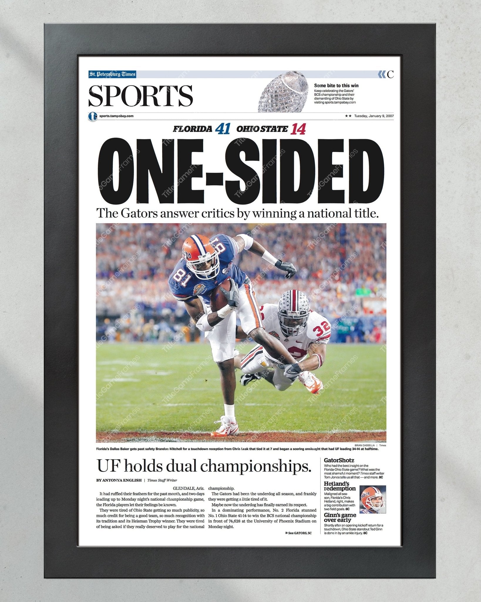 2006 Florida Gators College Football Champions 'One Sided' Framed Newspaper - TitleGameFrames.com