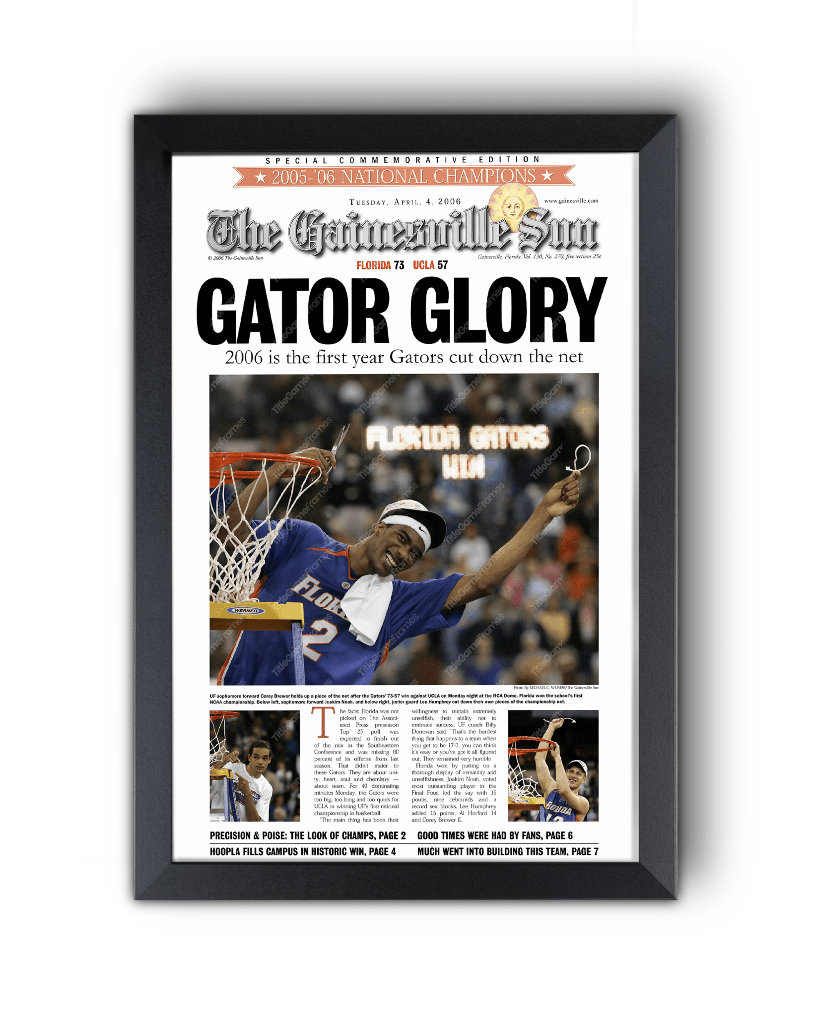 2006 Florida Gators NCAA Basketball Champions 'GATOR GLORY' Framed Newspaper - TitleGameFrames.com