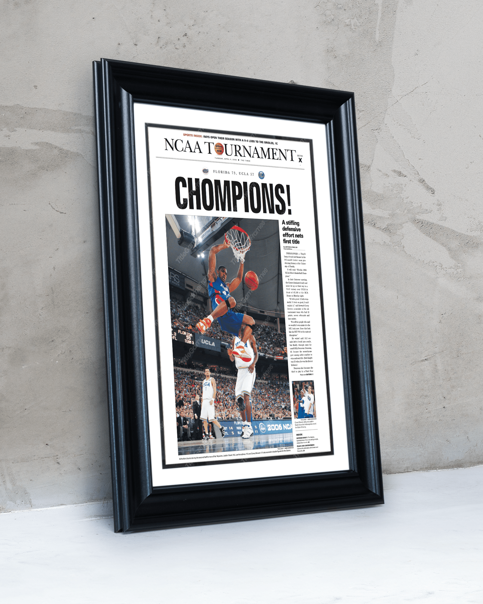2006 Florida Gators NCAA College Basketball 'CHOMPIONS!' Framed Newspaper - TitleGameFrames.com