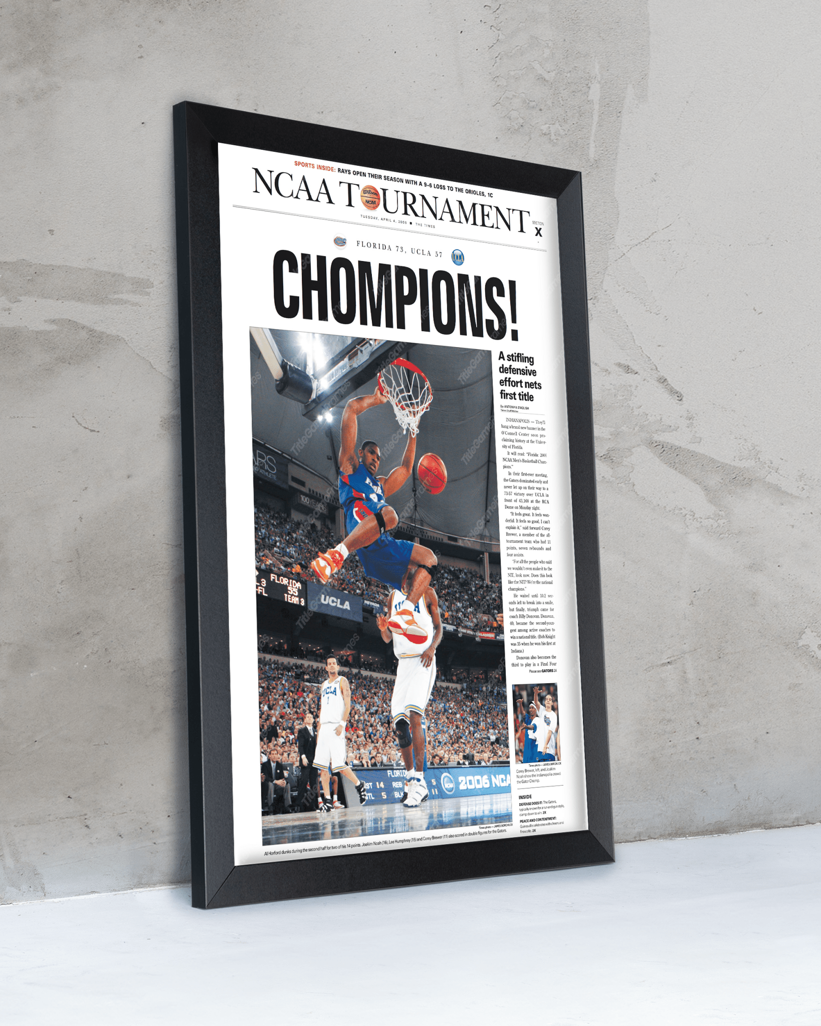 2006 Florida Gators NCAA College Basketball 'CHOMPIONS!' Framed Newspaper - TitleGameFrames.com
