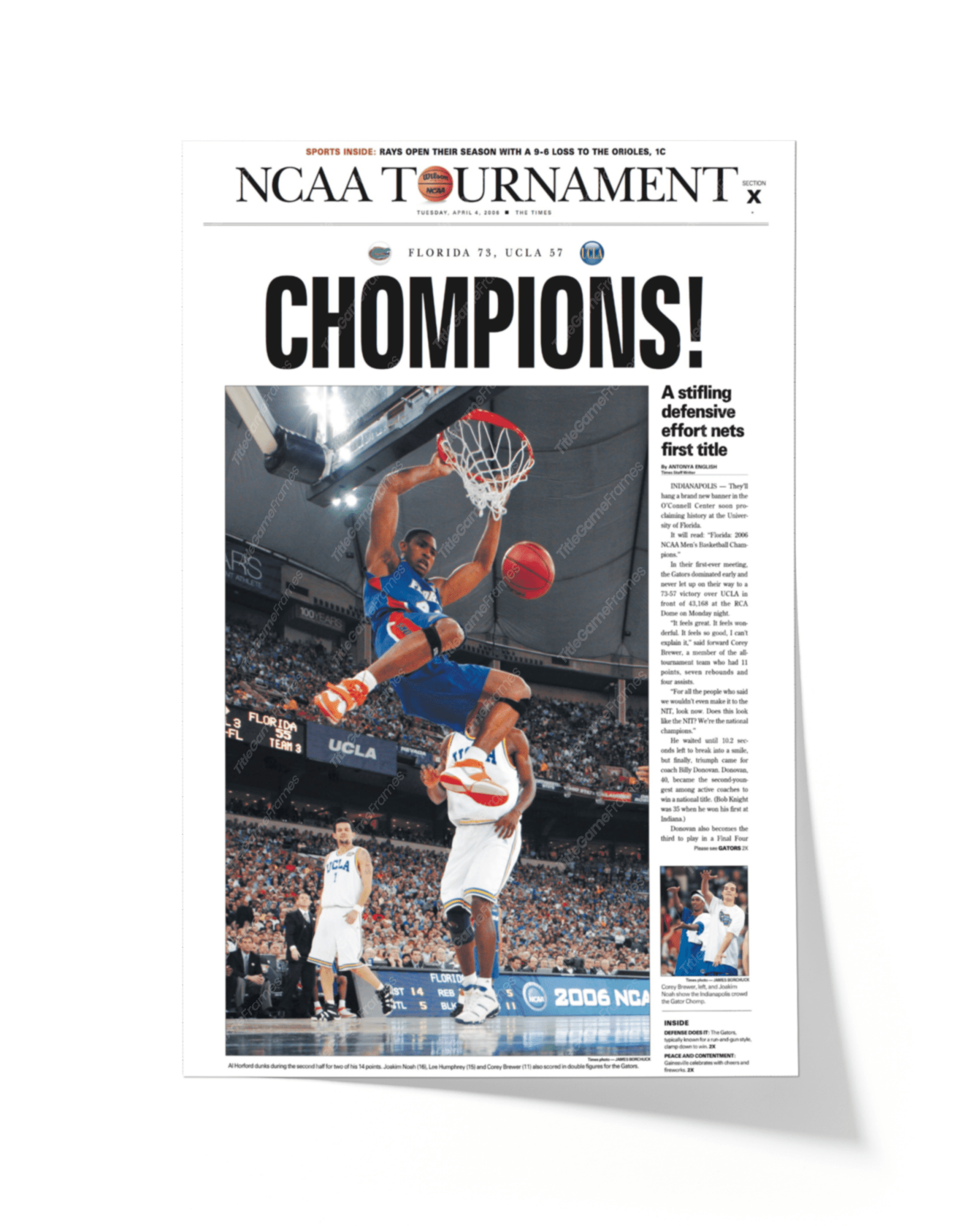 2006 Florida Gators NCAA College Basketball 'CHOMPIONS!' Framed Newspaper - TitleGameFrames.com