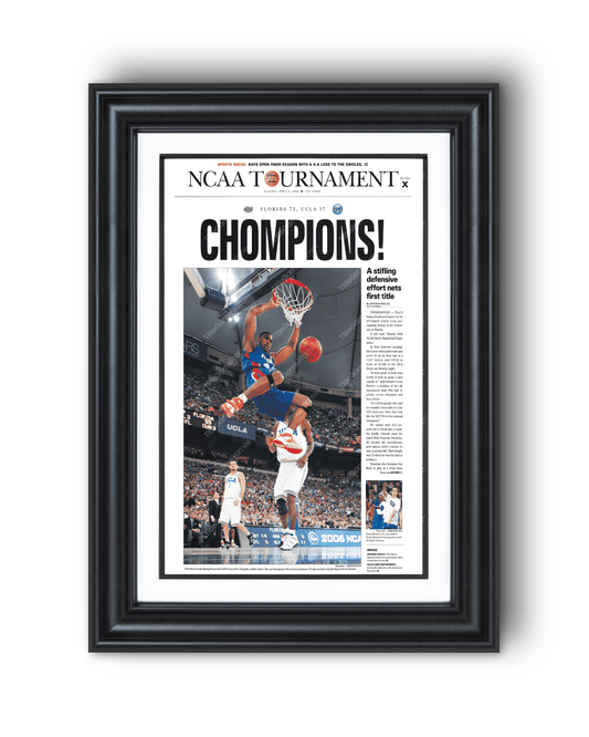 2006 Florida Gators NCAA College Basketball 'CHOMPIONS!' Framed Newspaper - TitleGameFrames.com