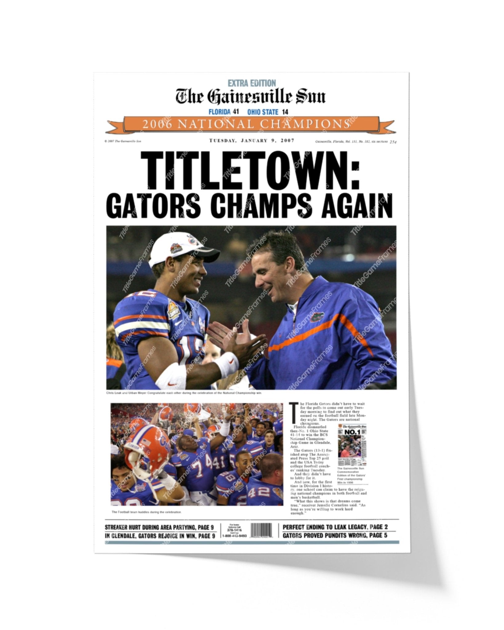 2006 Florida Gators NCAA College Football National Champions Framed Front Page Newspaper Print - Title Game Frames