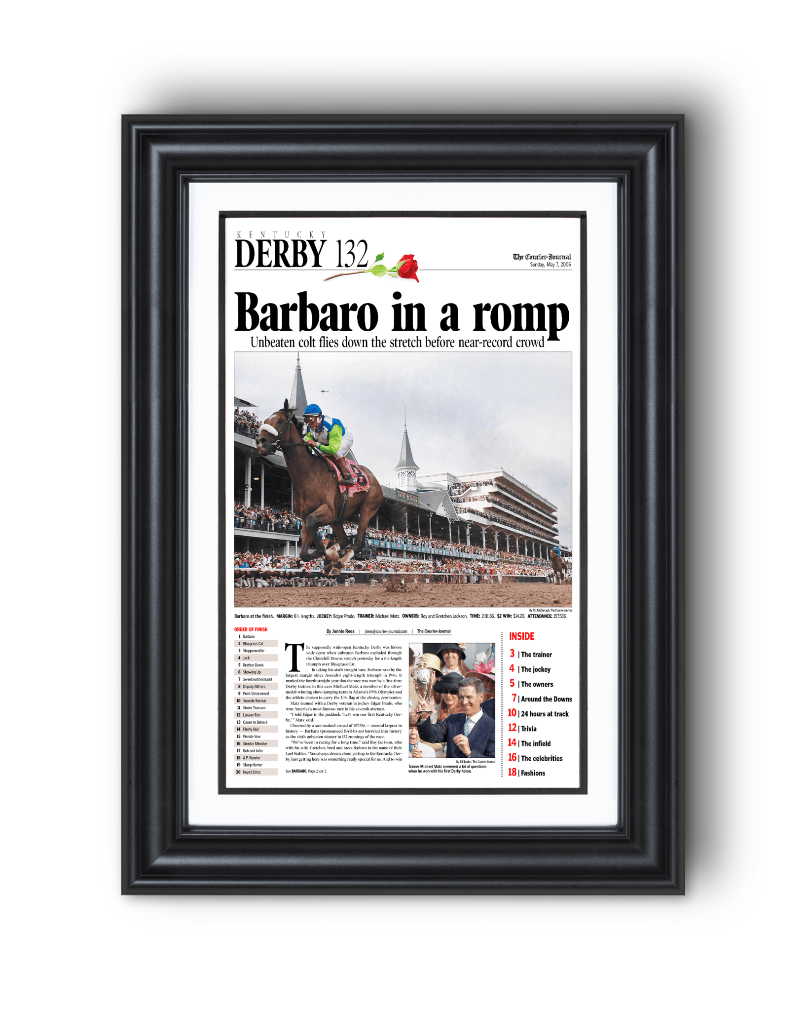 2006 Kentucky Derby "Barbaro in a Romp"Framed Front Page Newspaper - TitleGameFrames.com