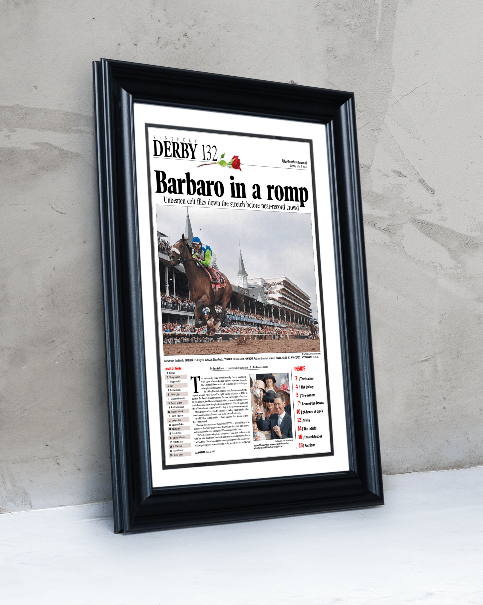 2006 Kentucky Derby "Barbaro in a Romp"Framed Front Page Newspaper - TitleGameFrames.com
