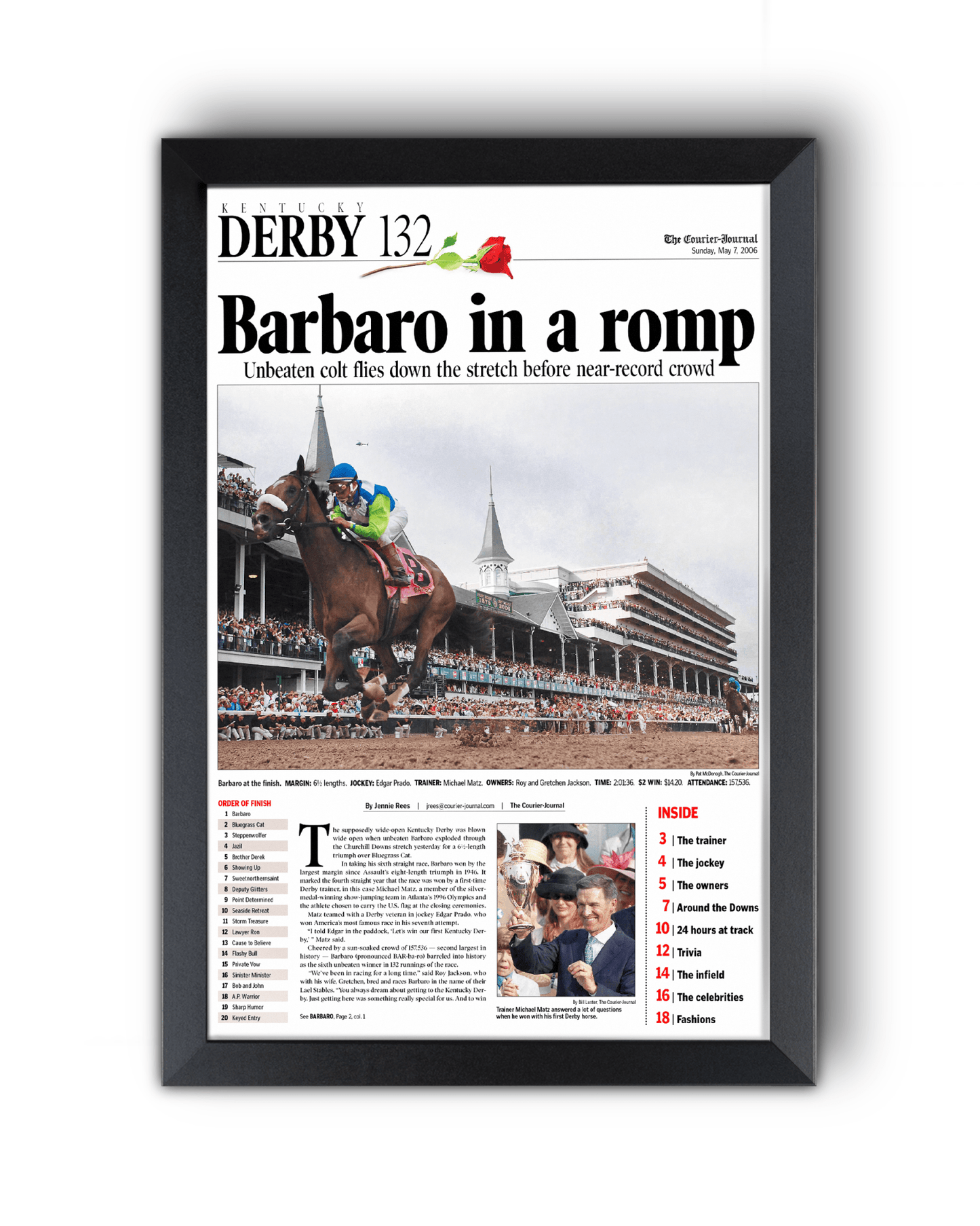 2006 Kentucky Derby "Barbaro in a Romp"Framed Front Page Newspaper - TitleGameFrames.com