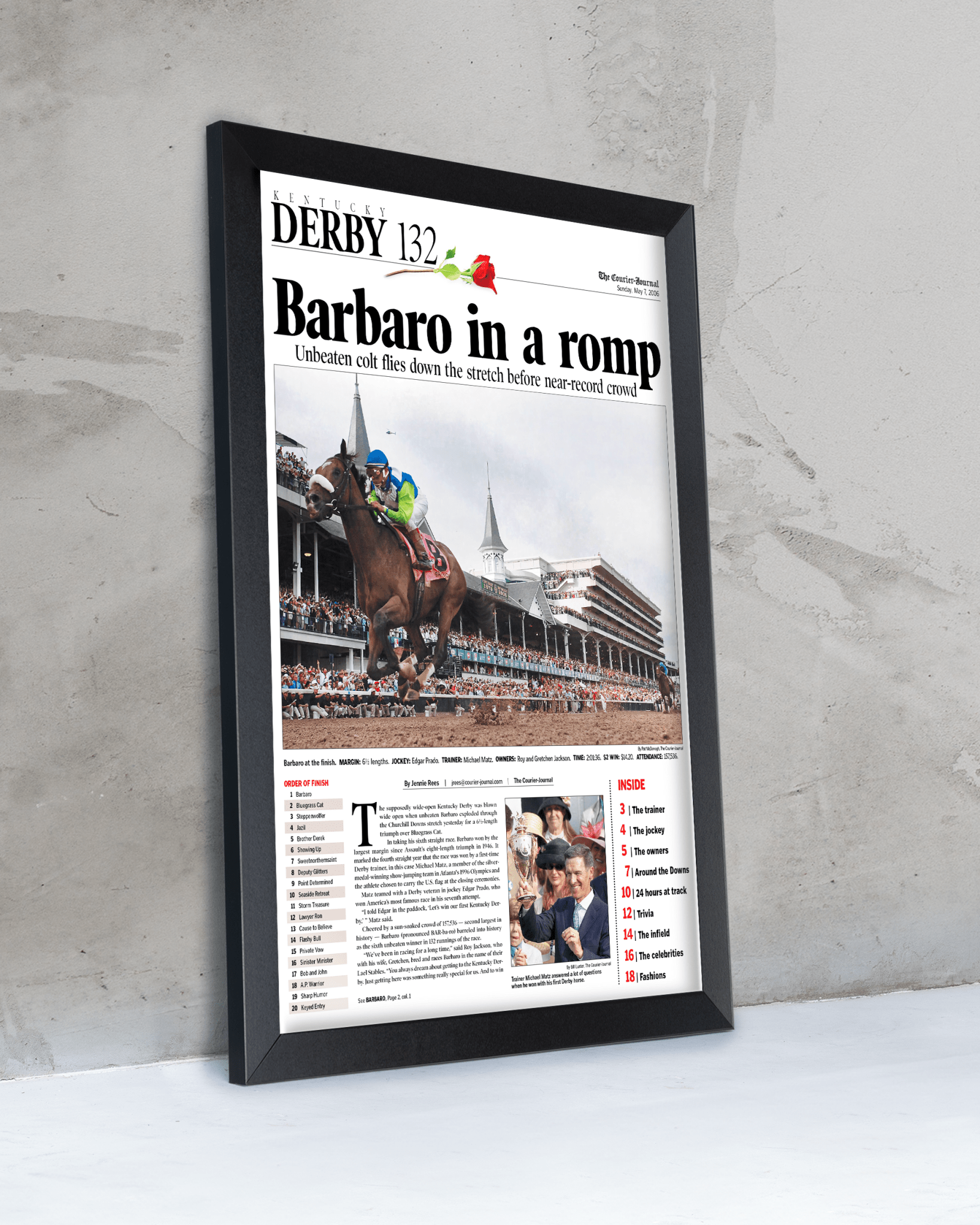 2006 Kentucky Derby "Barbaro in a Romp"Framed Front Page Newspaper - TitleGameFrames.com