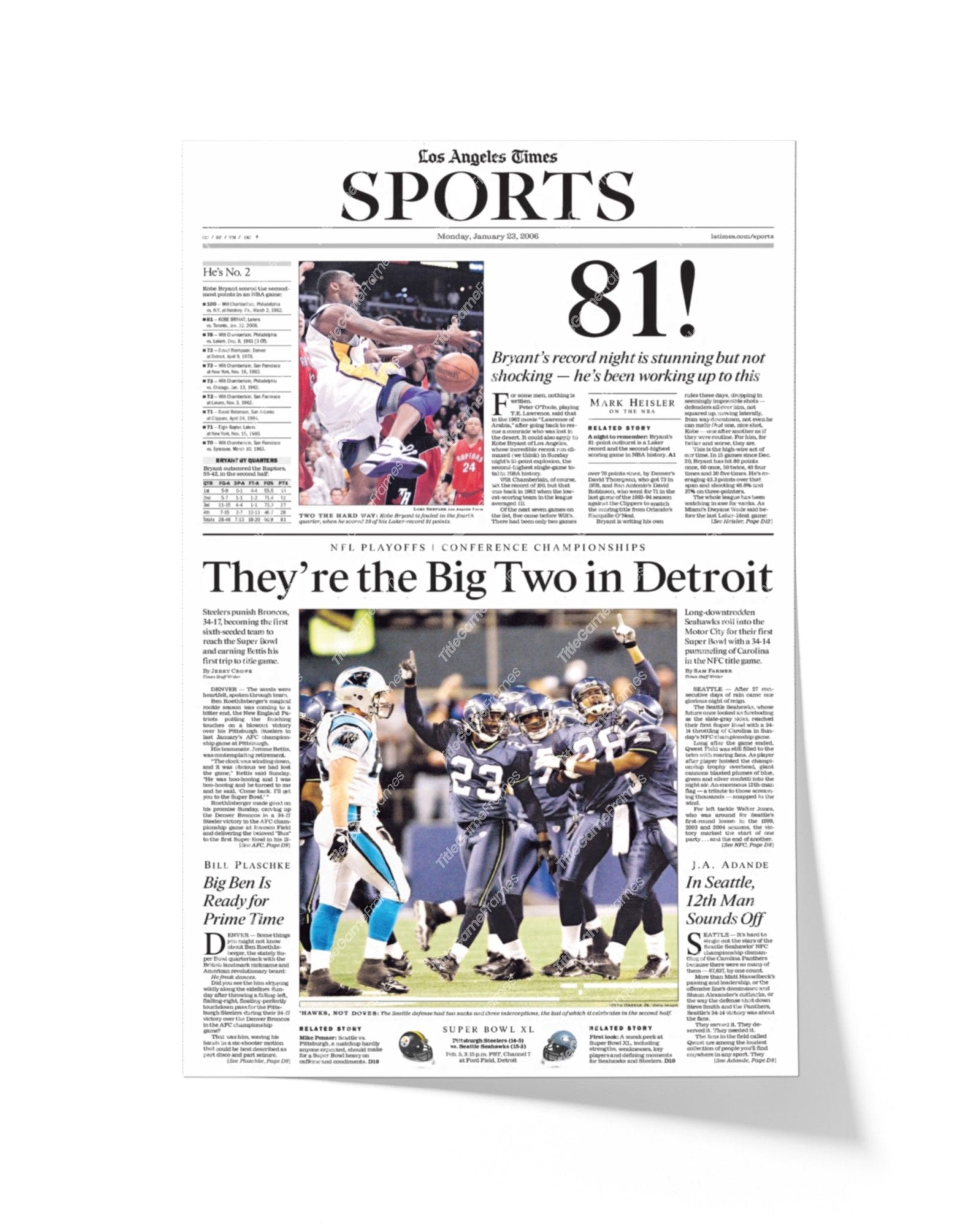 2006 Kobe Bryant 81 Point Game Framed Newspaper Front Page Print - Title Game Frames