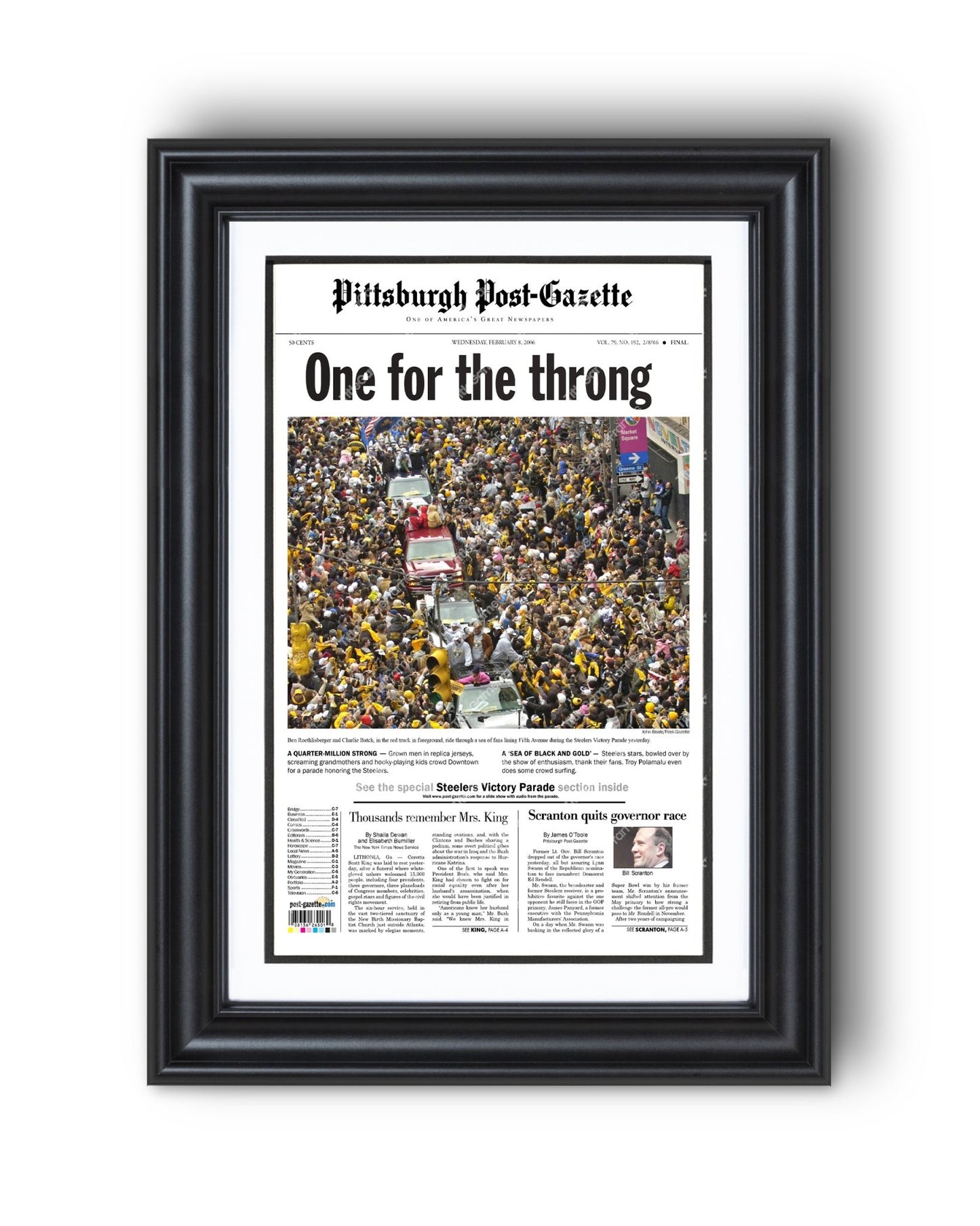 2006 Pittsburgh Steelers Parade Super Bowl Champions Framed Front Page Newspaper Print - Title Game Frames