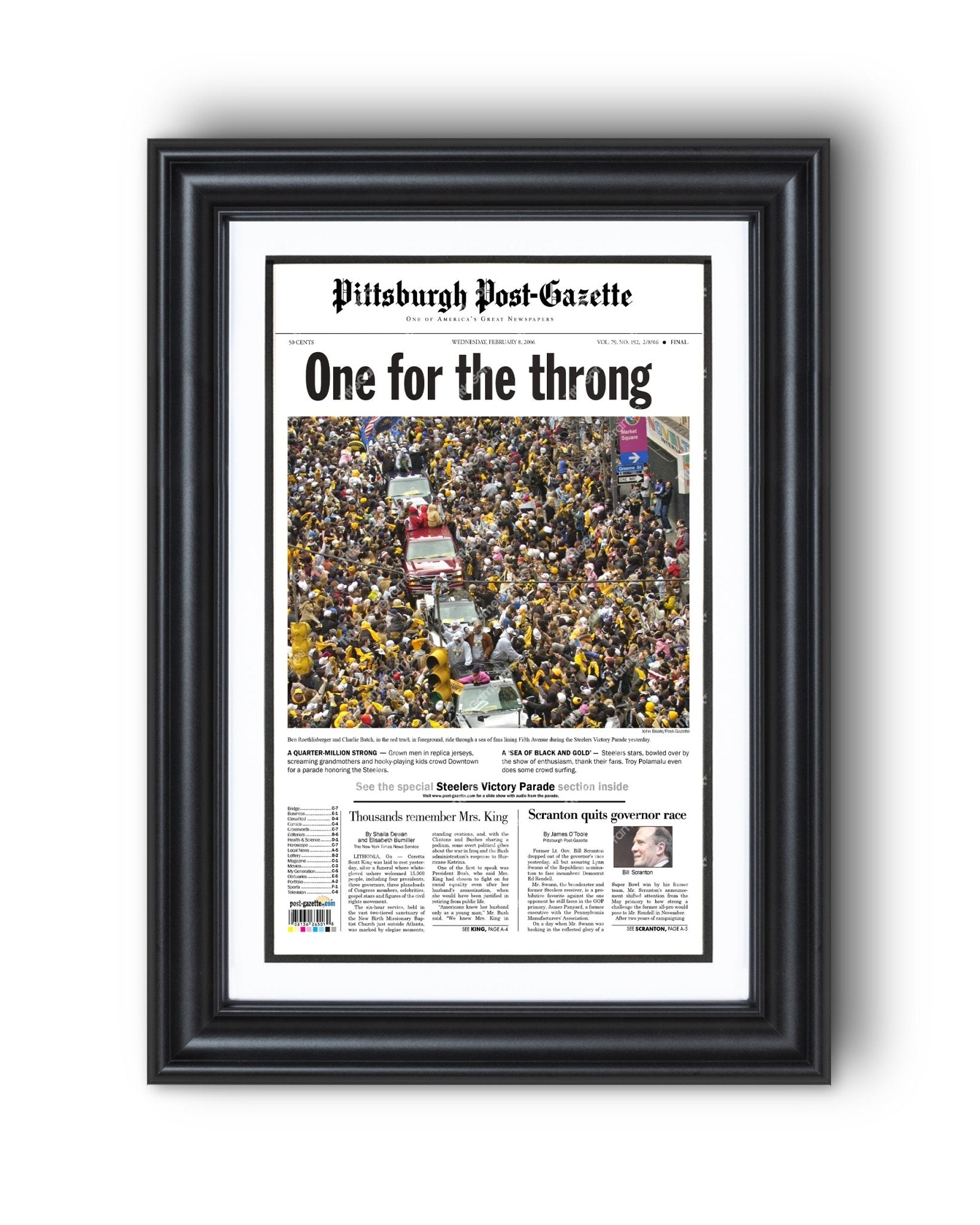 2006 Pittsburgh Steelers Parade Super Bowl Champions Framed Front Page Newspaper Print - Title Game Frames