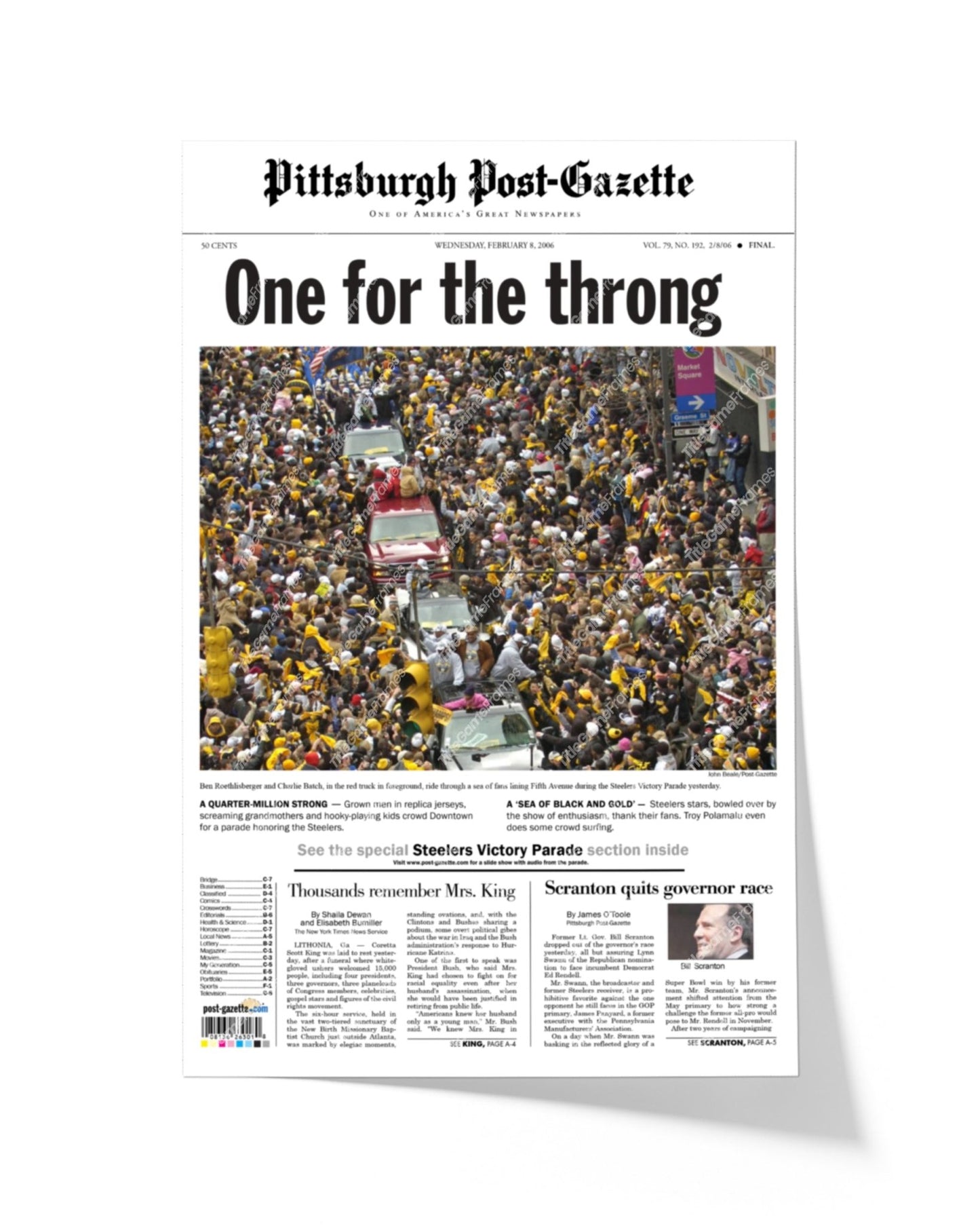 2006 Pittsburgh Steelers Parade Super Bowl Champions Framed Front Page Newspaper Print - Title Game Frames