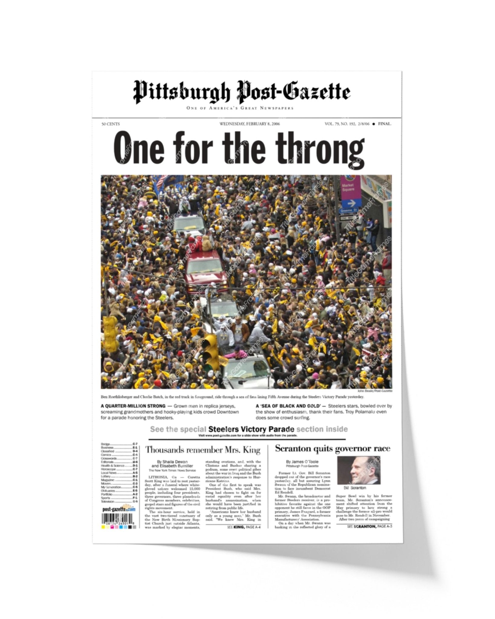 2006 Pittsburgh Steelers Parade Super Bowl Champions Framed Front Page Newspaper Print - Title Game Frames