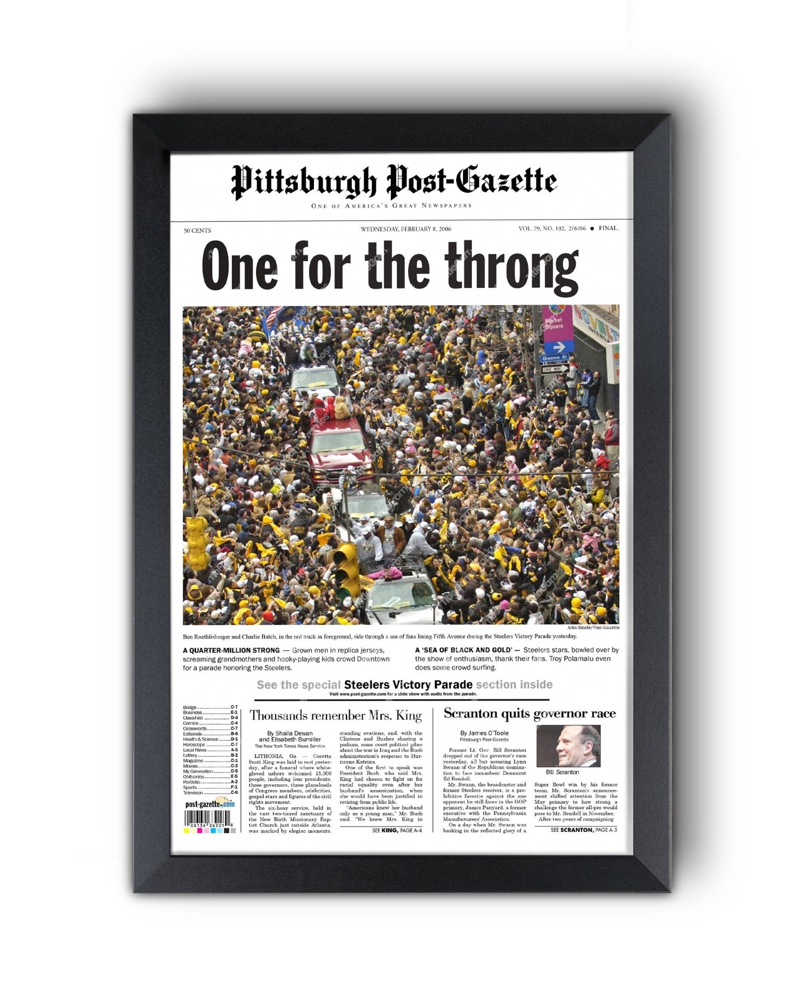 2006 Pittsburgh Steelers Parade Super Bowl Champions Framed Front Page Newspaper Print - Title Game Frames