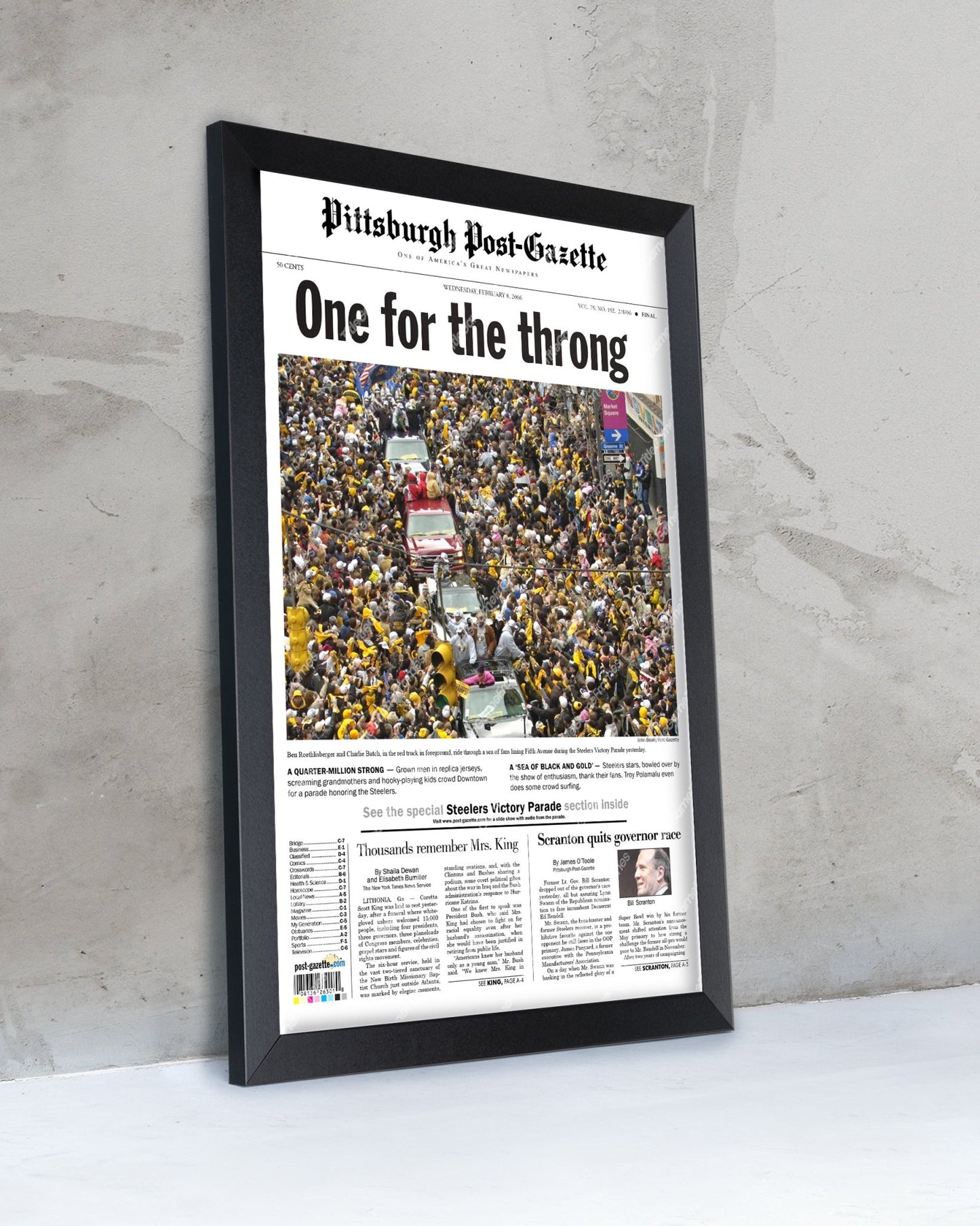 2006 Pittsburgh Steelers Parade Super Bowl Champions Framed Front Page Newspaper Print - Title Game Frames