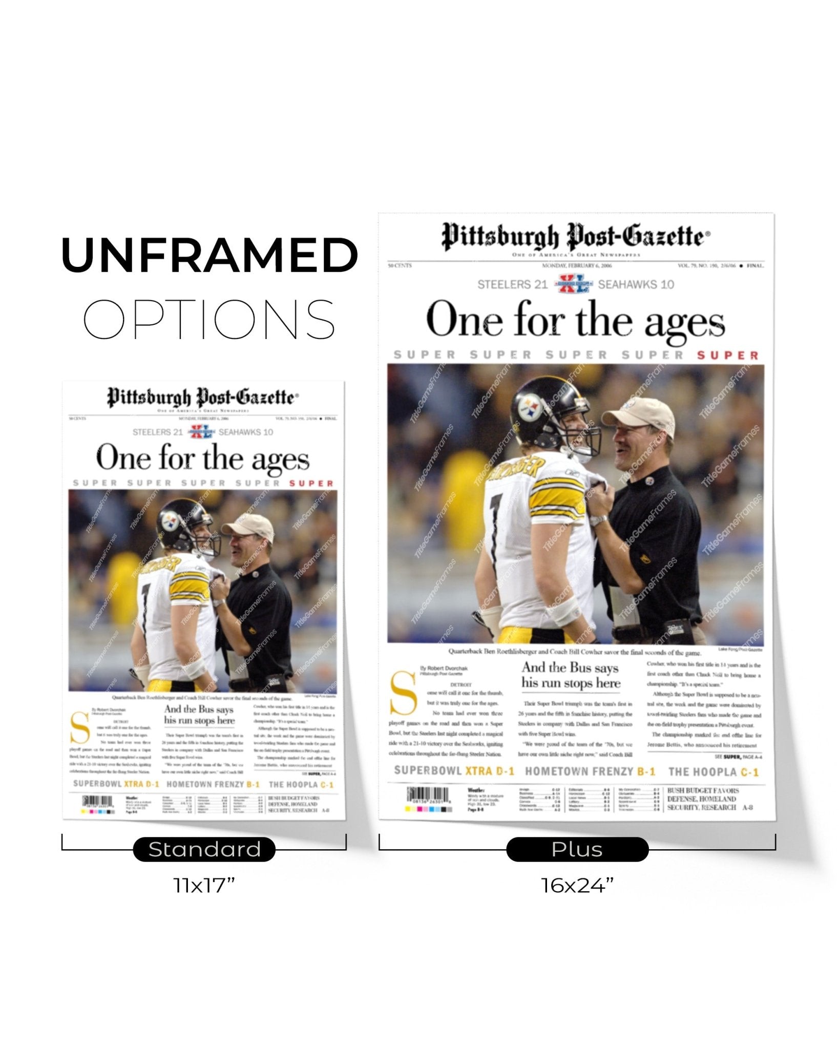 2006 Pittsburgh Steelers Superbowl XL Newspaper Cover Print - One for the ages - Title Game Frames