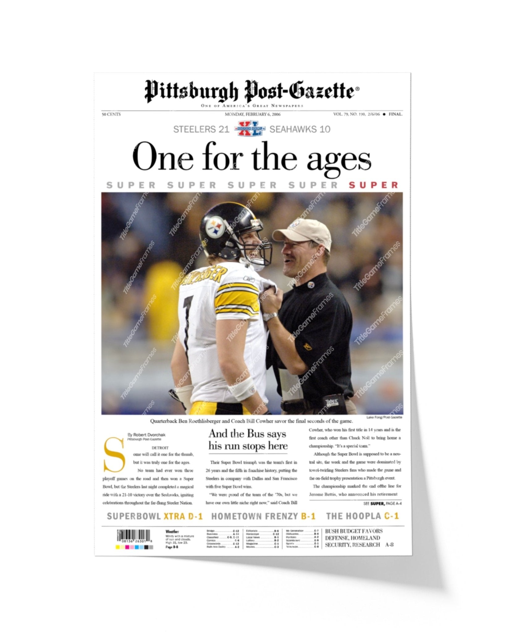 2006 Pittsburgh Steelers Superbowl XL Newspaper Cover Print - One for the ages - Title Game Frames