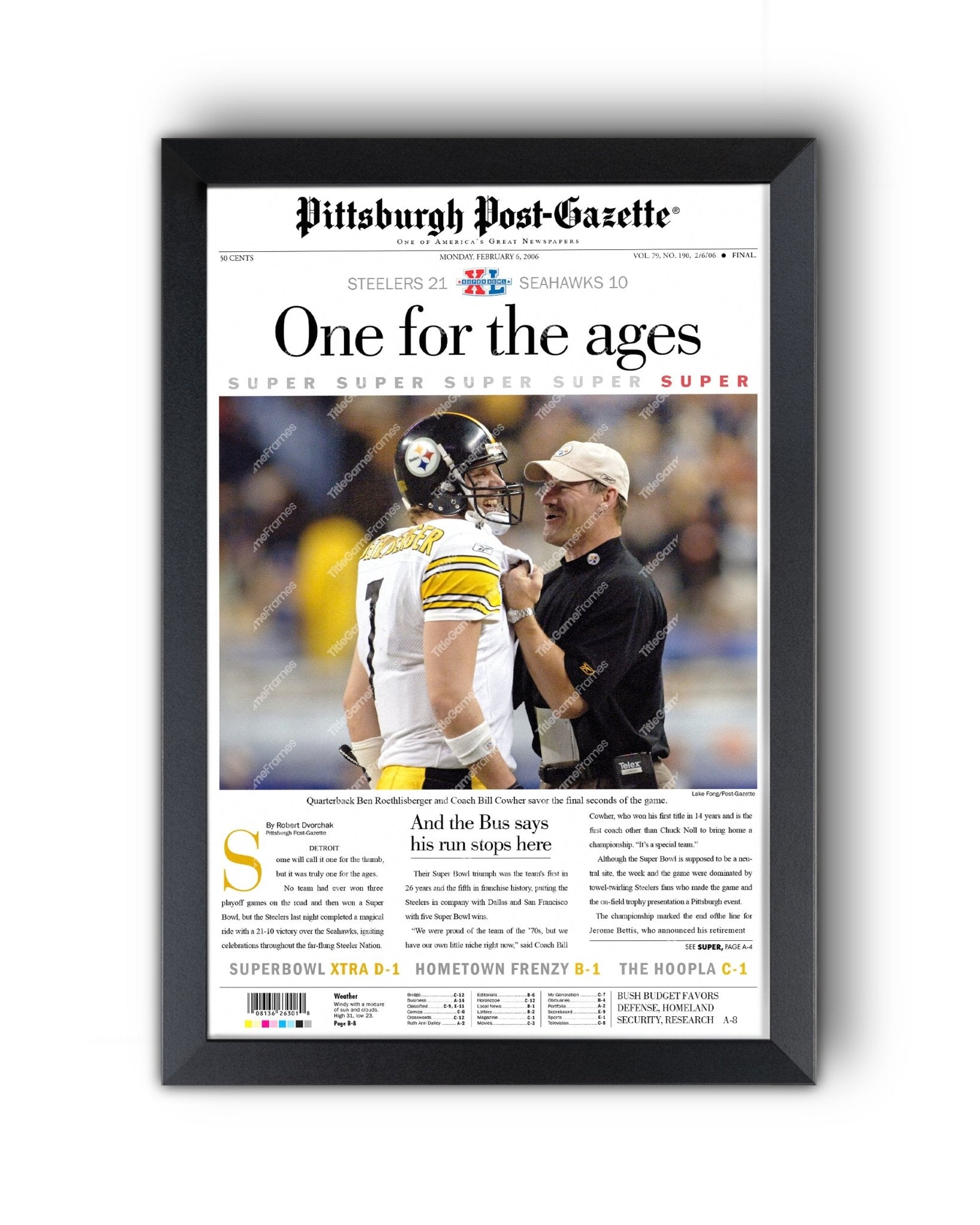 2006 Pittsburgh Steelers Superbowl XL Newspaper Cover Print - One for the ages - Title Game Frames