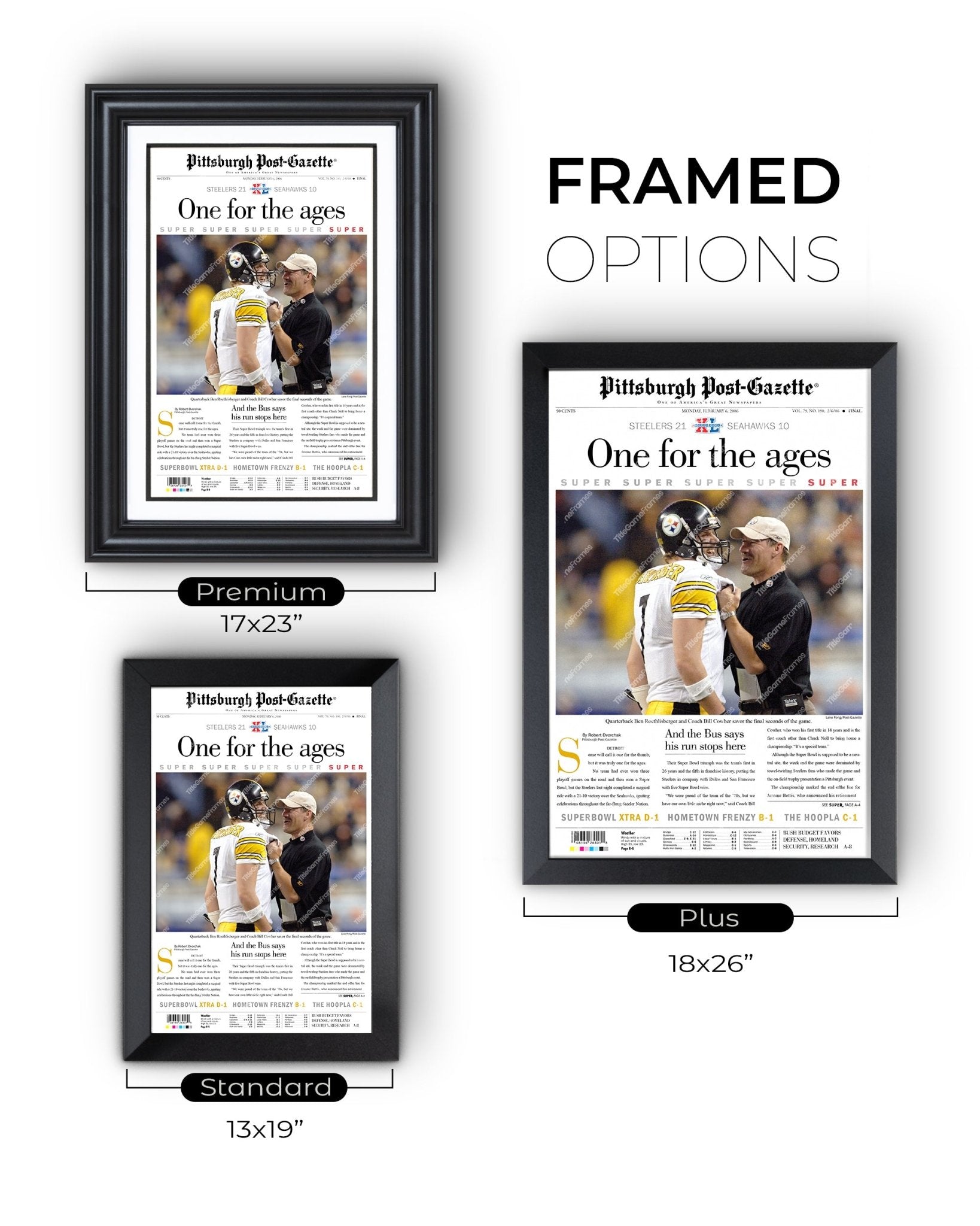 2006 Pittsburgh Steelers Superbowl XL Newspaper Cover Print - One for the ages - Title Game Frames
