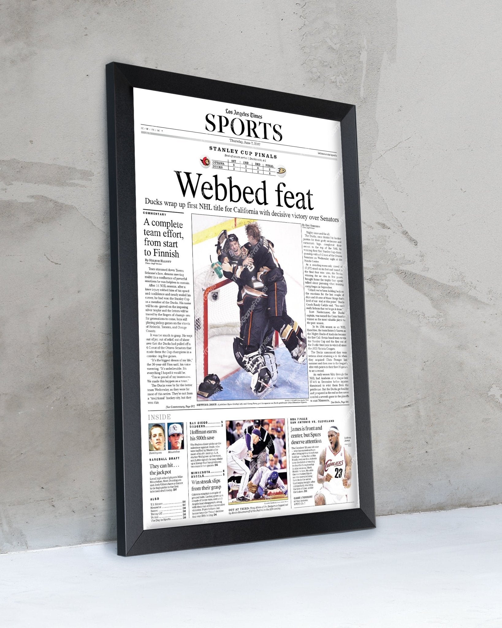 2007 Anaheim Ducks Stanley Cup Champions Framed Newspaper Front Page Print - Title Game Frames