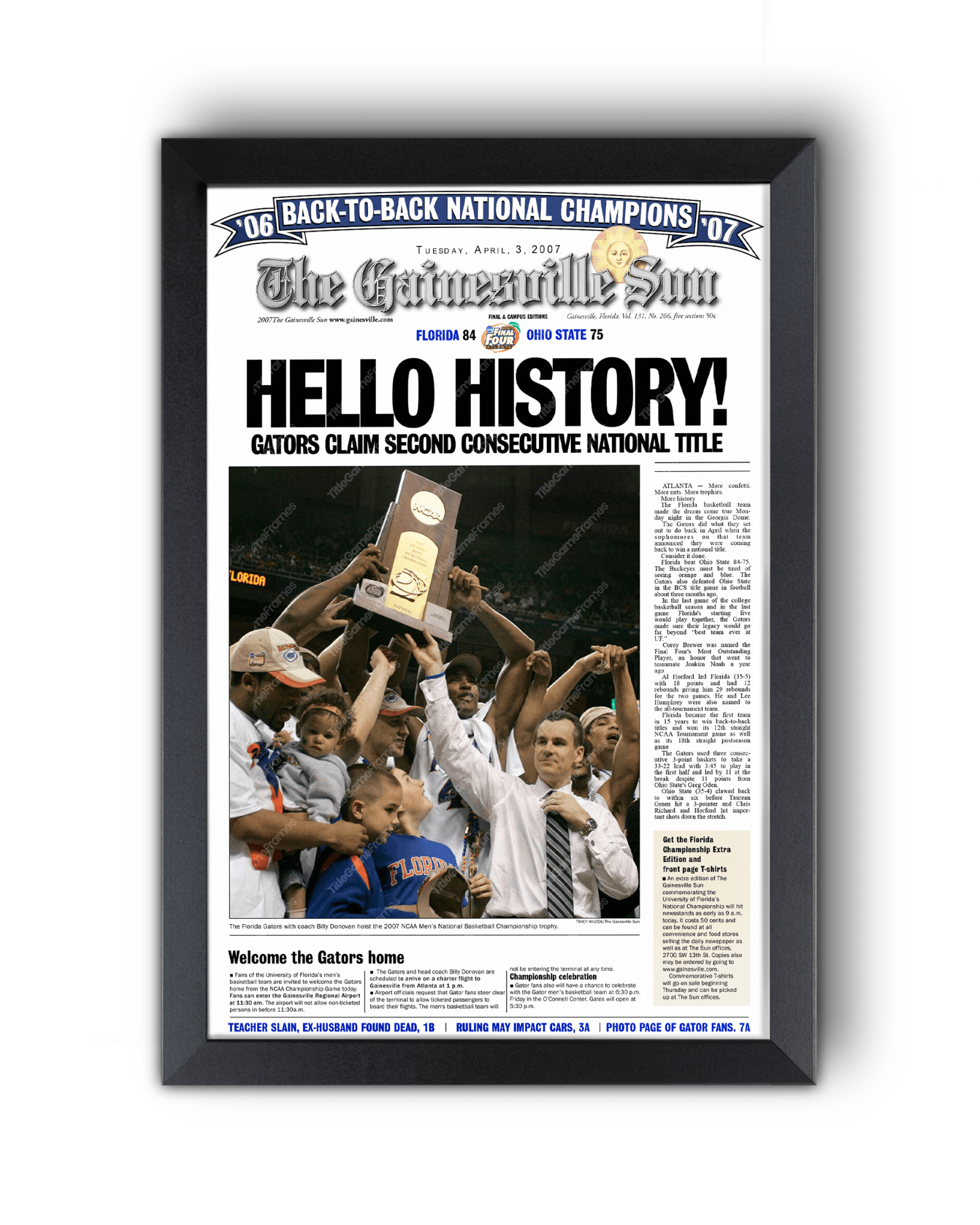 2007 Florida Gators NCAA Basketball Champions 'HELLO HISTORY!' Framed Newspaper - TitleGameFrames.com