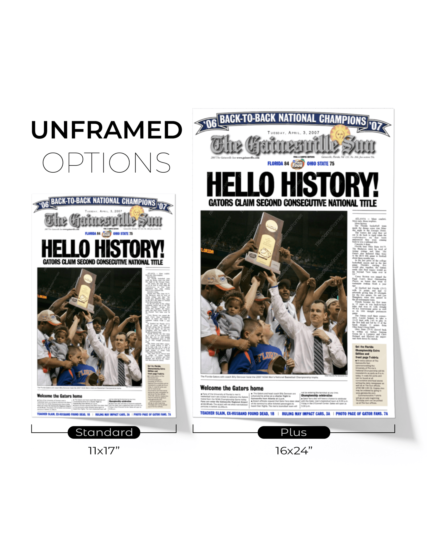 2007 Florida Gators NCAA Basketball Champions 'HELLO HISTORY!' Framed Newspaper - TitleGameFrames.com