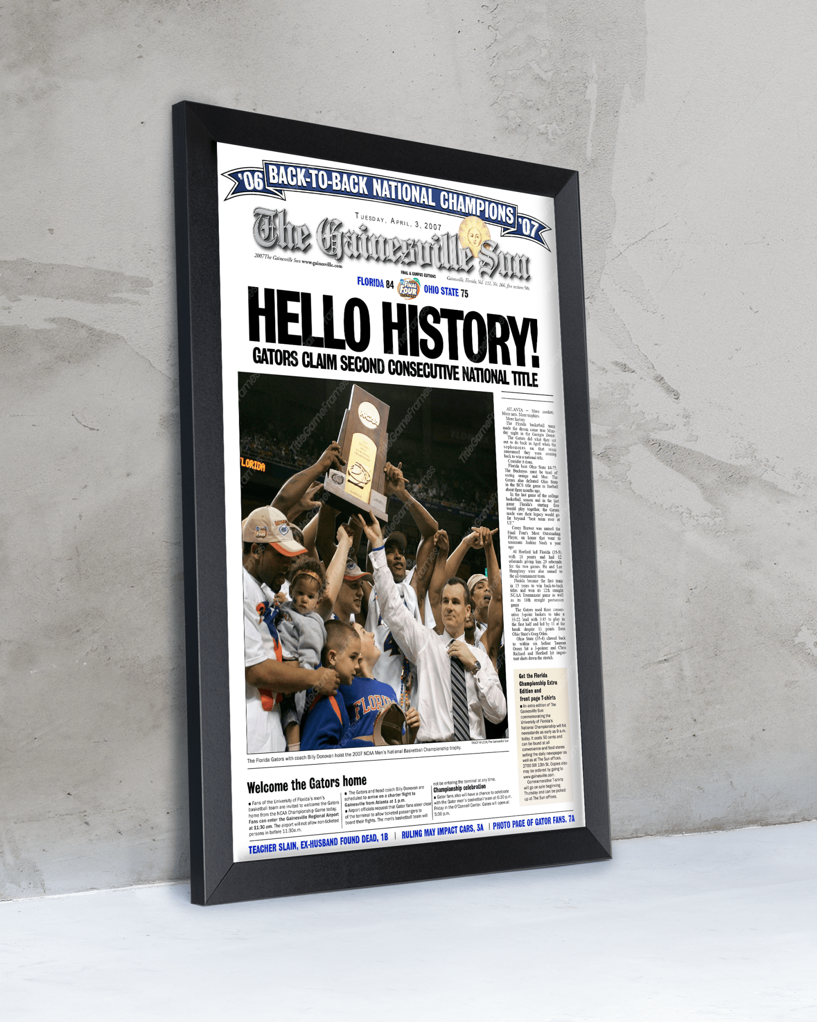 2007 Florida Gators NCAA Basketball Champions 'HELLO HISTORY!' Framed Newspaper - TitleGameFrames.com