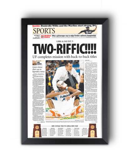 2007 Florida Gators NCAA Basketball Champions 'Tworiffic!!!' Framed Newspaper - TitleGameFrames.com