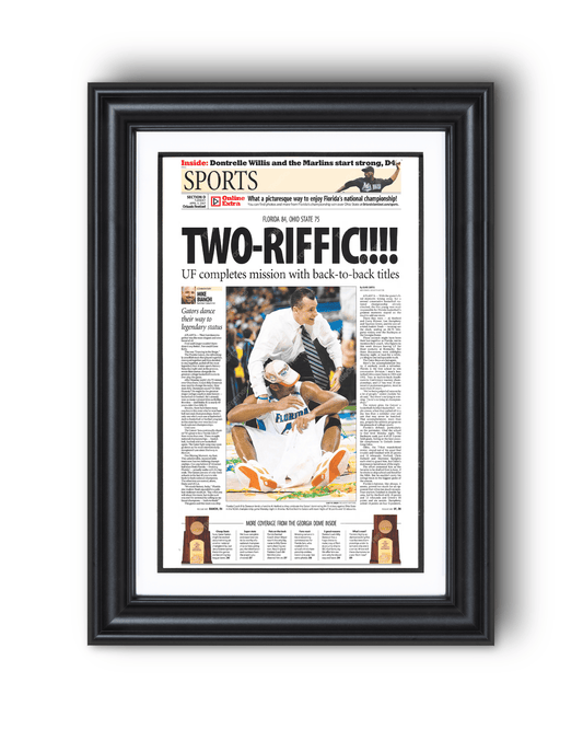 2007 Florida Gators NCAA Basketball Champions 'Tworiffic!!!' Framed Newspaper - TitleGameFrames.com