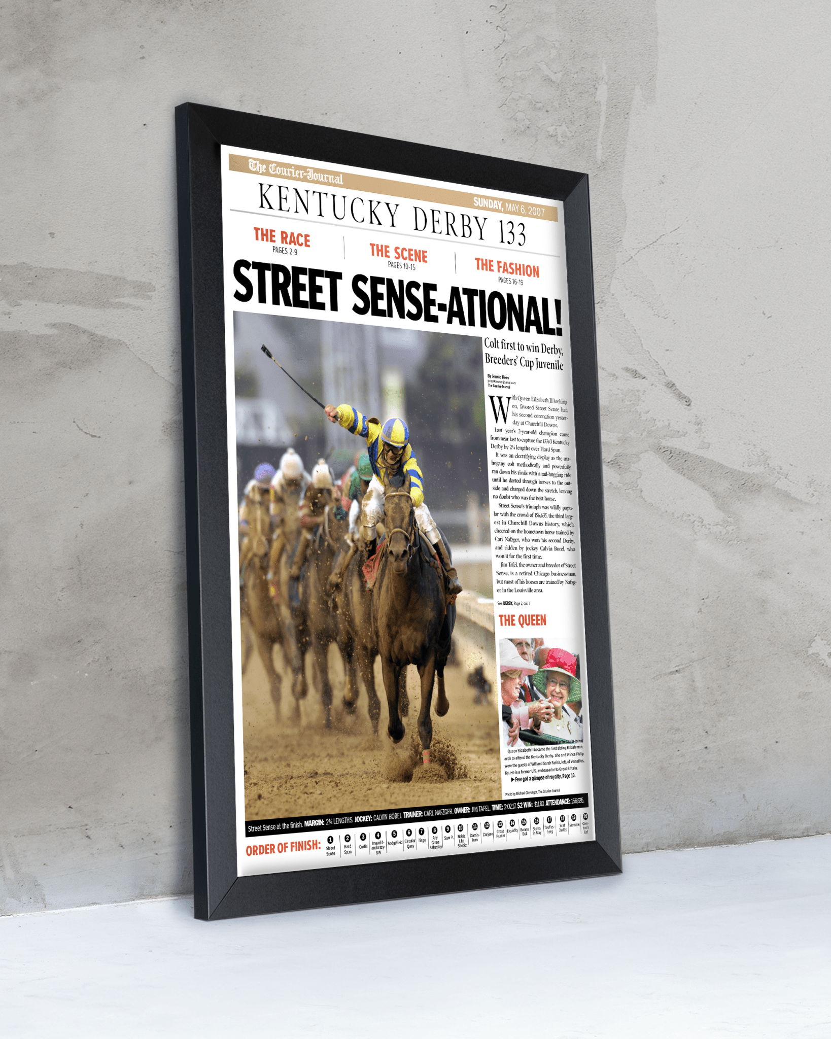 2007 Kentucky Derby "STREET SENSE - ATIONAL!" Street Sense Winner Framed Newspaper - TitleGameFrames.com