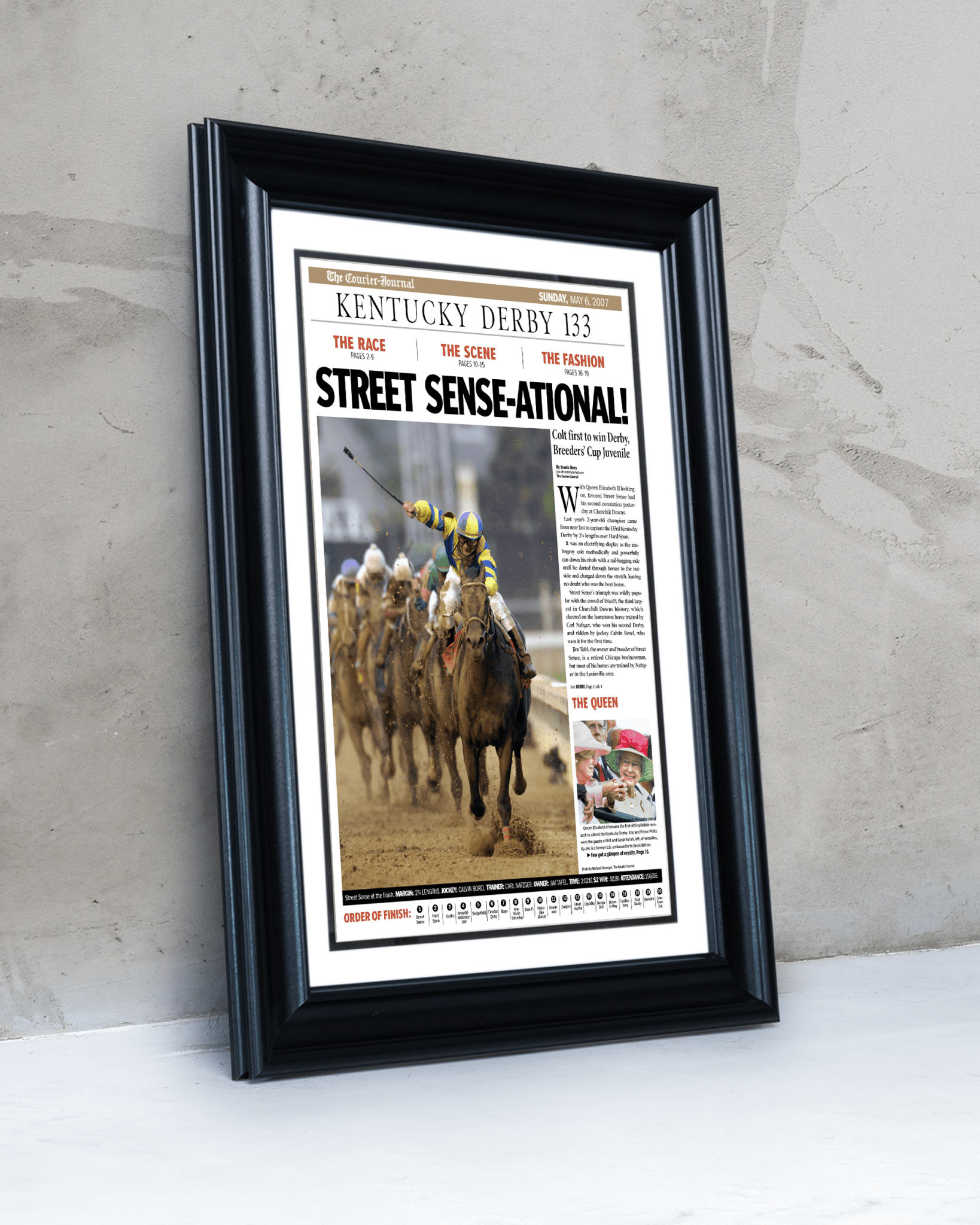 2007 Kentucky Derby "STREET SENSE - ATIONAL!" Street Sense Winner Framed Newspaper - TitleGameFrames.com