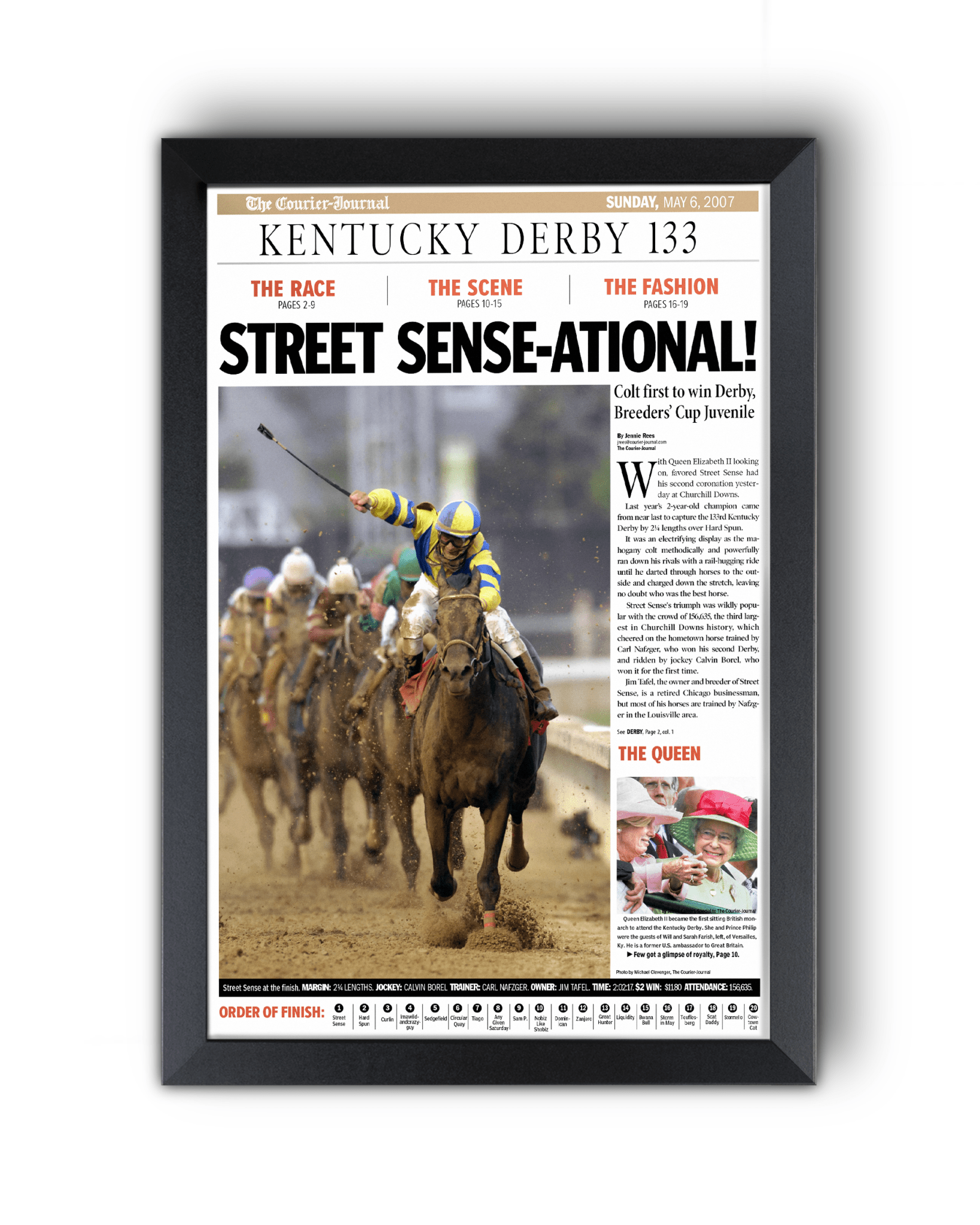 2007 Kentucky Derby "STREET SENSE - ATIONAL!" Street Sense Winner Framed Newspaper - TitleGameFrames.com