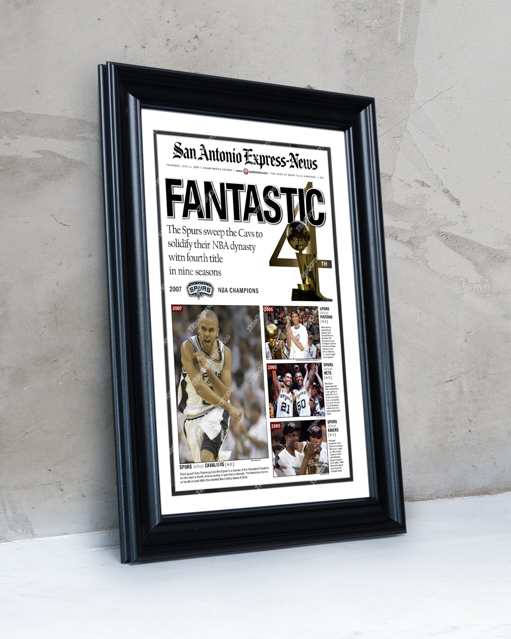 2007 San Antonio Spurs NBA Champion Framed Front Page Newspaper Print - Title Game Frames
