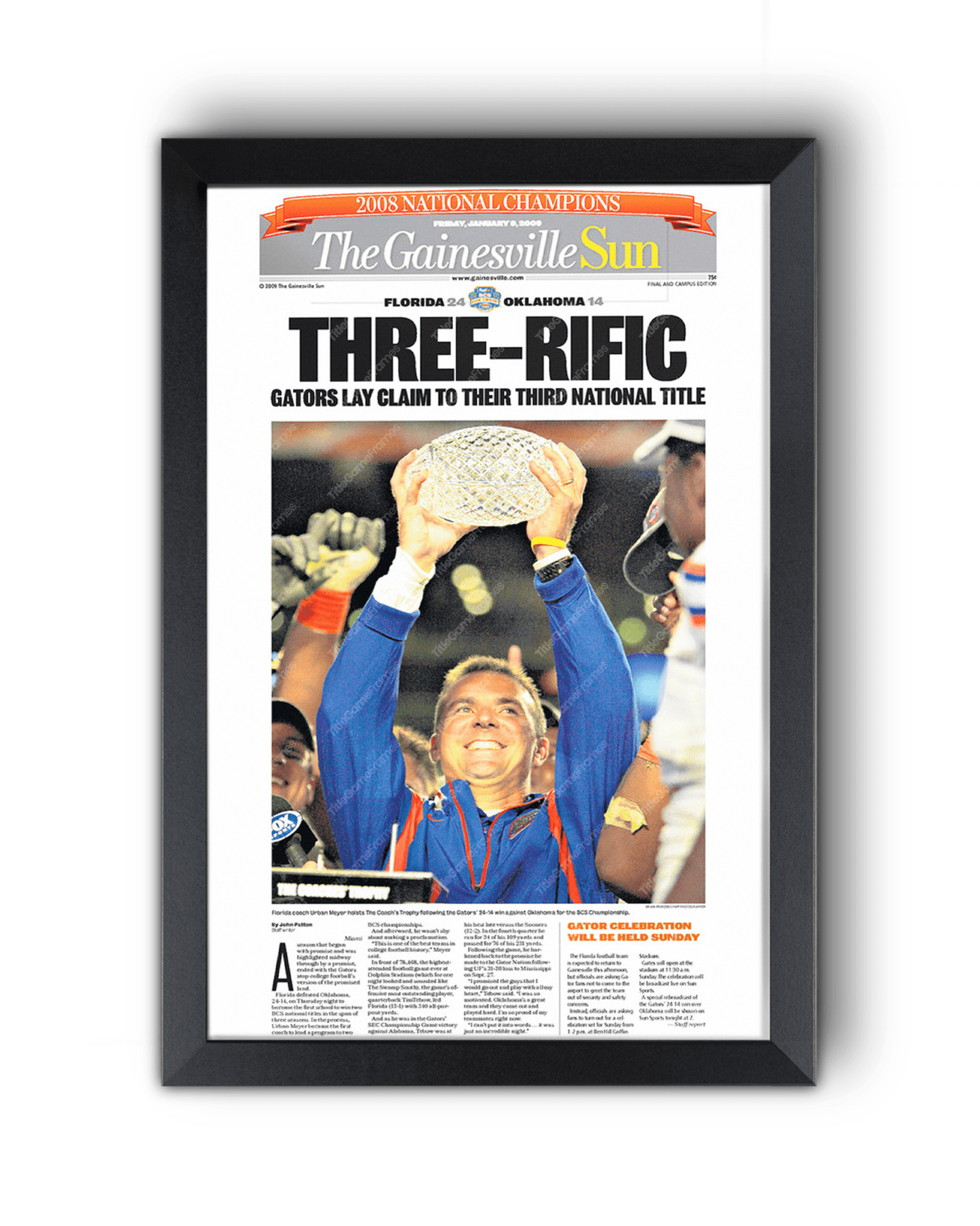2008 Florida Gators College Football National Champions 'THREERIFIC' Framed Newspaper - TitleGameFrames.com