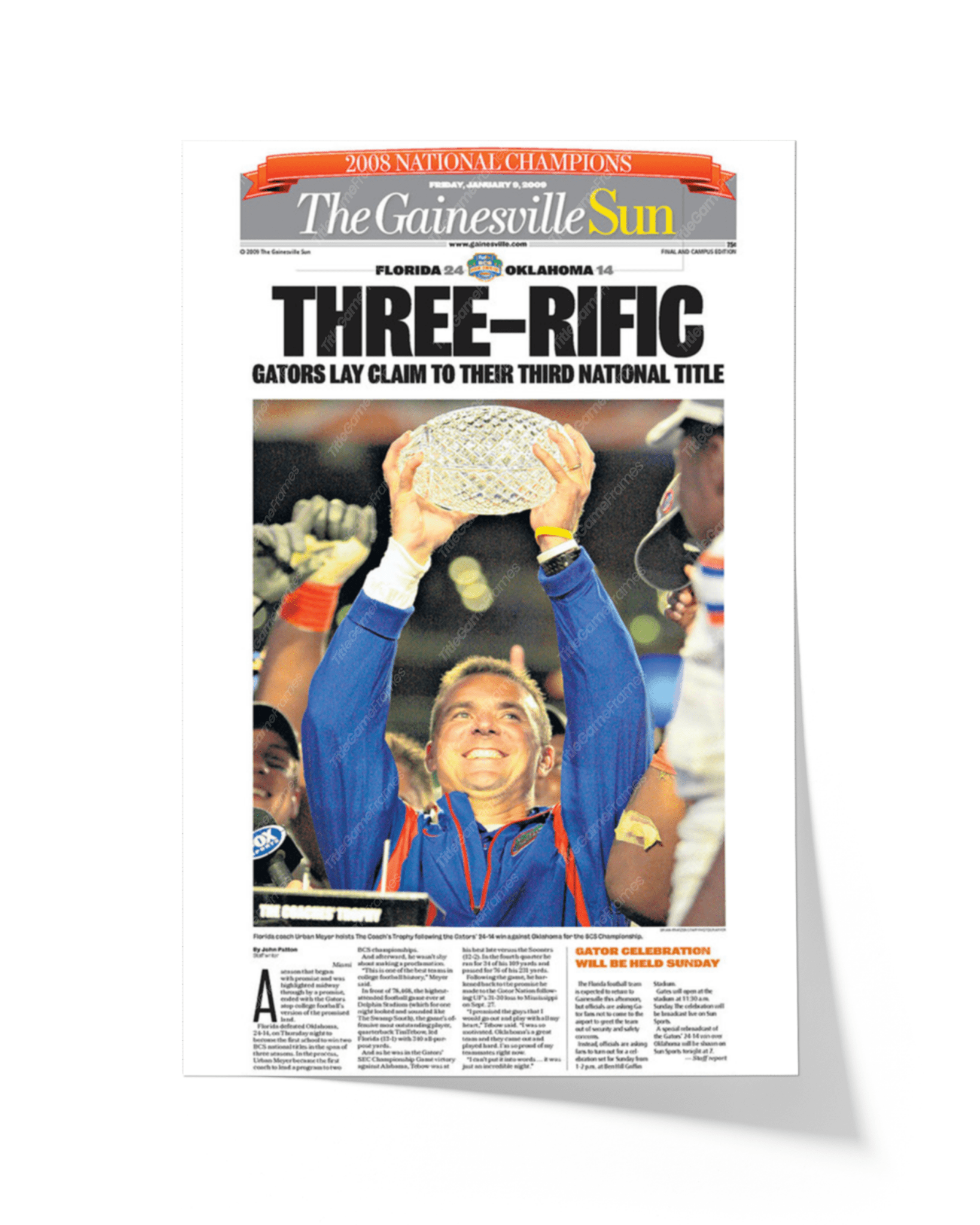 2008 Florida Gators College Football National Champions 'THREERIFIC' Framed Newspaper - TitleGameFrames.com