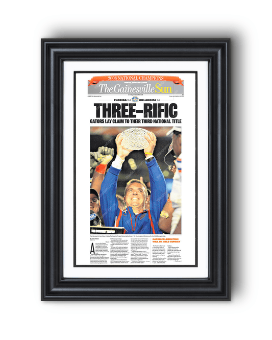 2008 Florida Gators College Football National Champions 'THREERIFIC' Framed Newspaper - TitleGameFrames.com